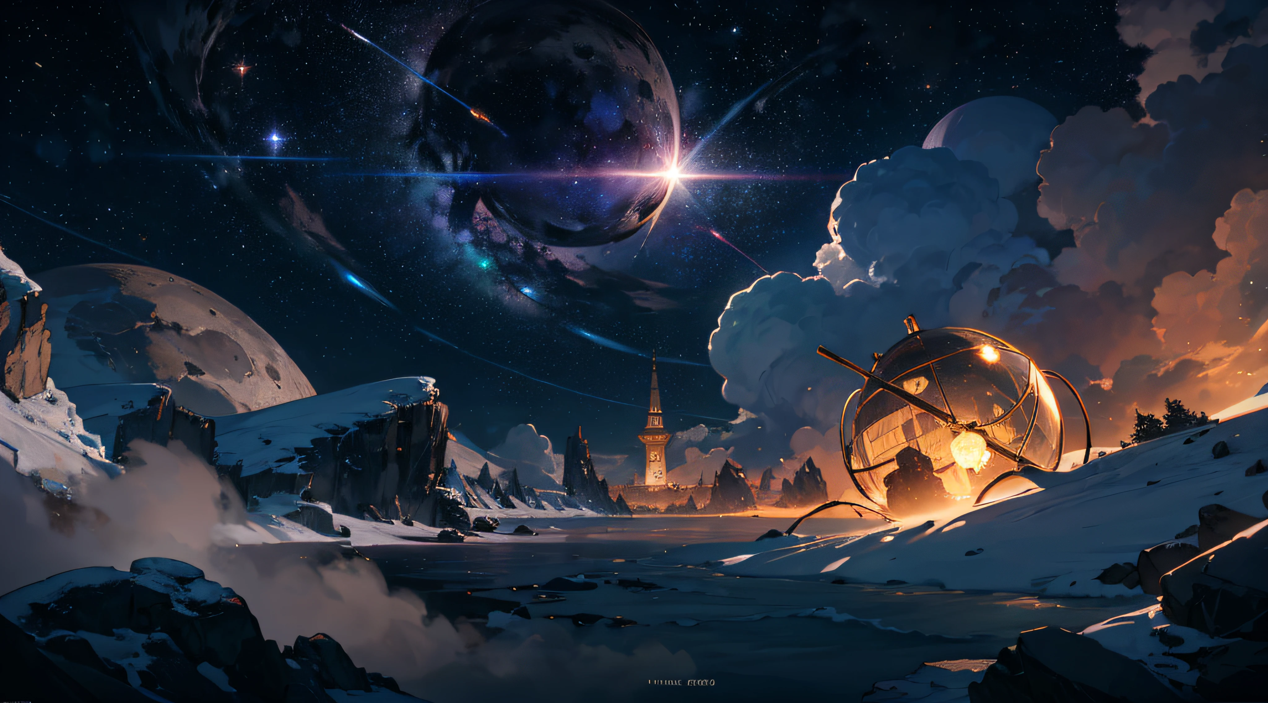 Expansive landscape photograph,(moon full:1.2),(meteors:0.9),(Starcloud:1.3),(Warm light source:1.2),(glowworm:1.2),lamp lights,Lots of purple and orange,Complicated details,Volumetriclighting,Realism BREAK(tmasterpiece:1.2),(best qualtiy),8K,Ultra-detailed,(dynamic compositions:1.4),The is very detailed,Colorful details,(Irridescent color:1.2),(luminouslighting,Atmospheric lighting),dream magical,magical,(独奏:1.2),((best qualtiy)), ((tmasterpiece)), (the detail:1.4),depth of fields,maximum definition and sharpness,perfectly proportions,Fluttering clouds,Wallpapers