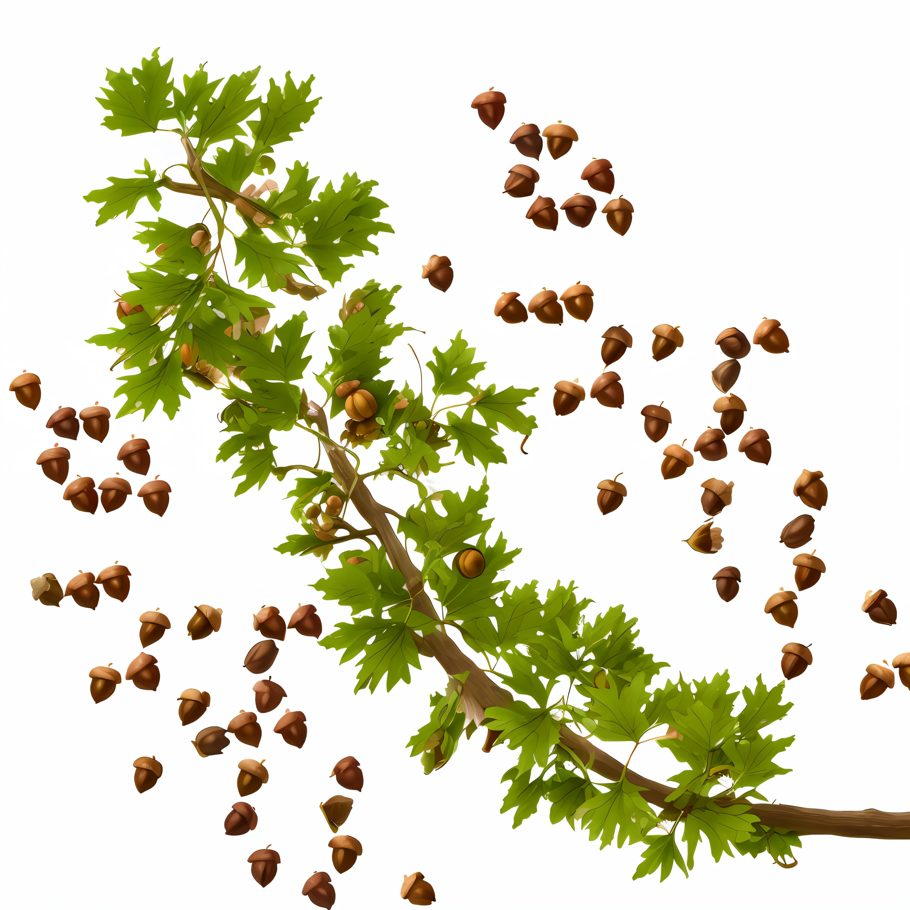there are many nuts on the branch of a tree, oak acorns, acorns, some oak acorns, an illustration, oak leaves, nut, an illustration of, computer generated, hyperdetailed twigs and plants, isolated on white background, oak tree, artists rendition, oak leaves!!, viewed from below, leaked image, highly detailed composition