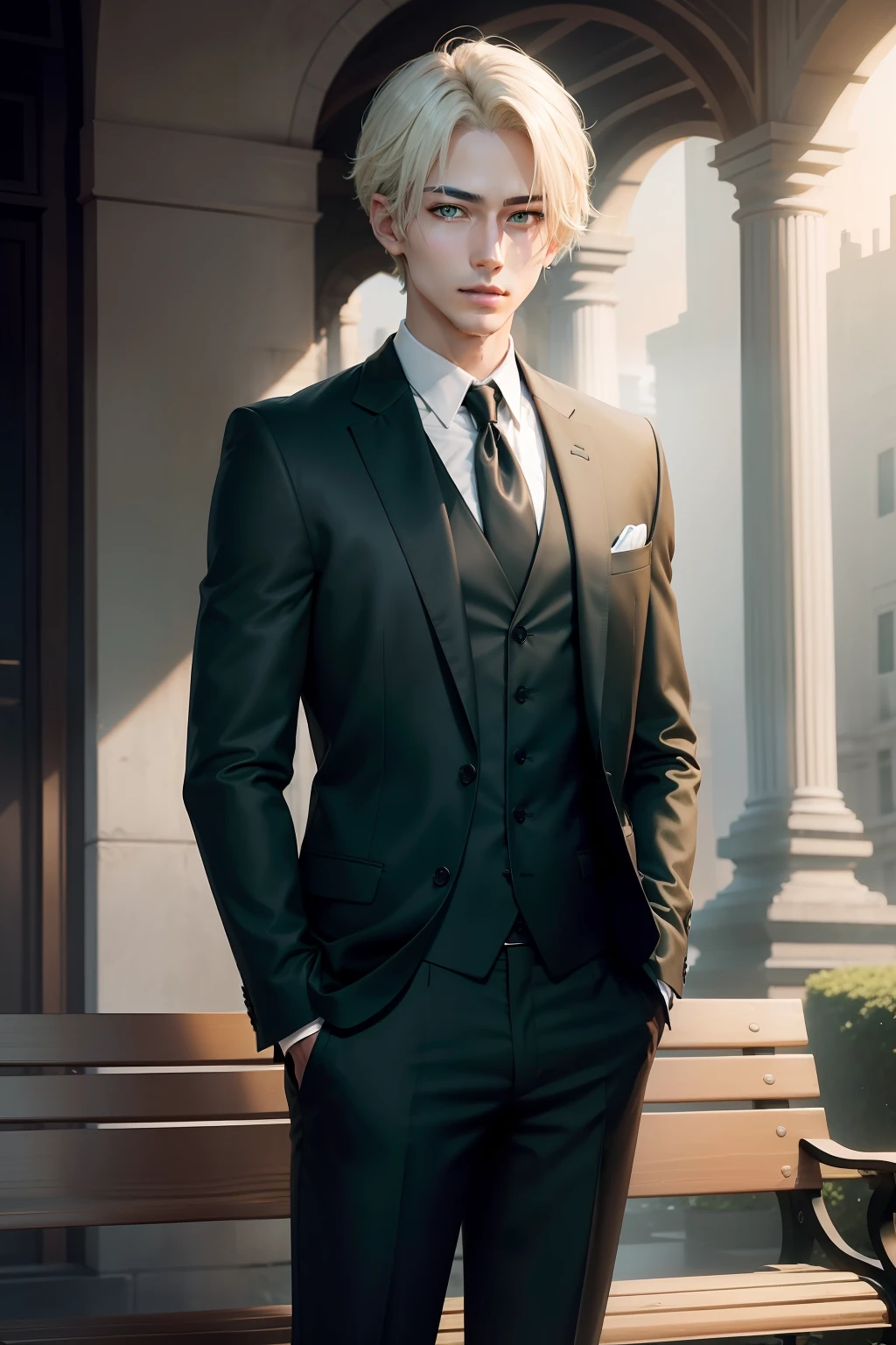 (masterpiece)8K分辨率、Handsome young man meeting on bench、Platinum blonde short bob hair、green colored eyes、Model Style、Full body like、Wearing a suit、elegent、Anime style
