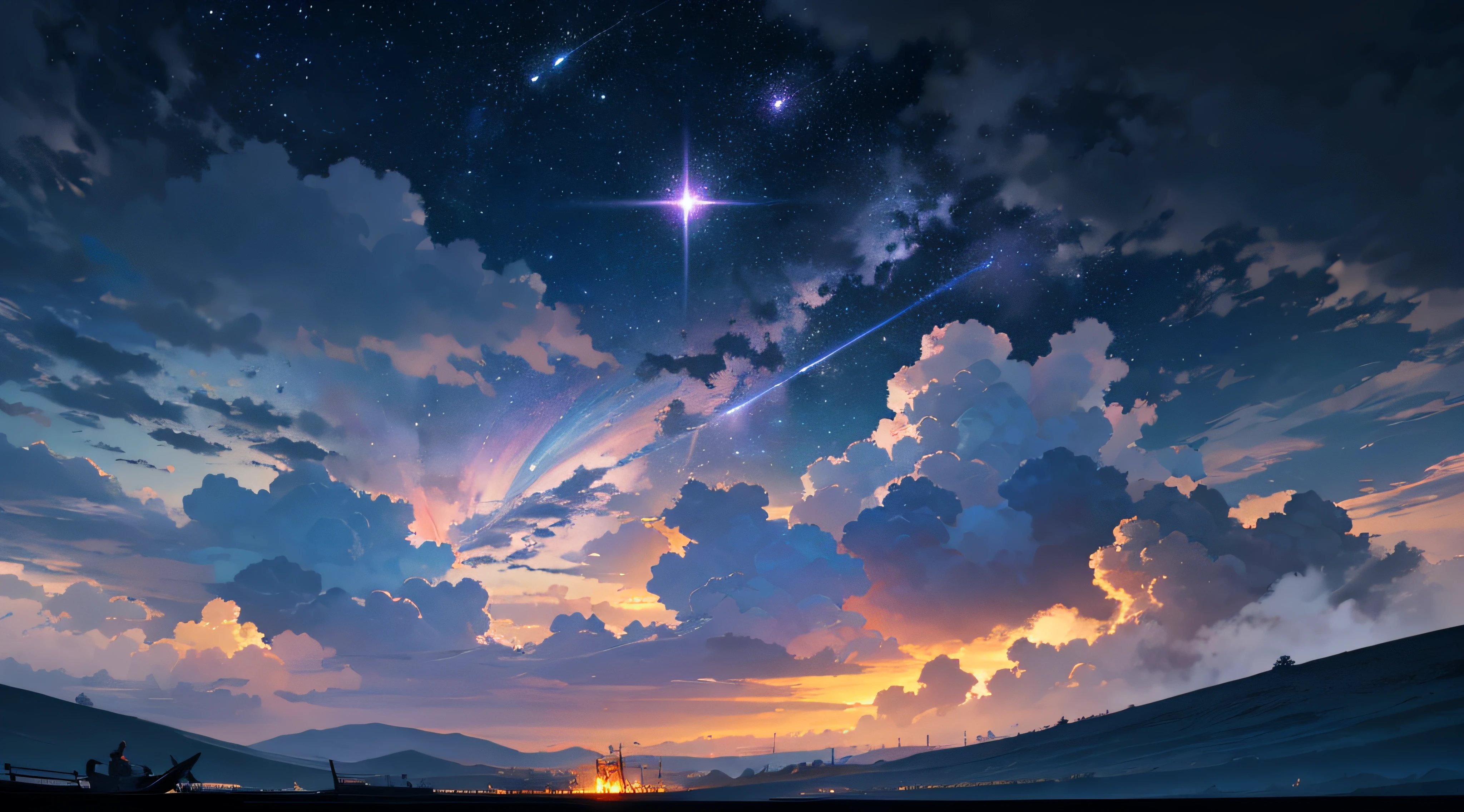 Expansive landscape photograph，（moon full：1.2），（meteors：0.9），（Starcloud：1.3），（Warm light source：1.2），（glowworm：1.2），lamp lights，Lots of purple and orange，Complicated details，Volumetriclighting，Realism BREAK（tmasterpiece：1.2），（best qualtiy），8K，Ultra-detailed，（dynamic compositions：1.4），The is very detailed，Colorful details，（Irridescent color：1.2），（luminouslighting，Atmospheric lighting），dream magical，magical，（独奏：1.2），（（best qualtiy））， （（tmasterpiece））， （the detail：1.4），depth of fields，maximum definition and sharpness，perfectly proportions，Fluttering clouds，Wallpapers