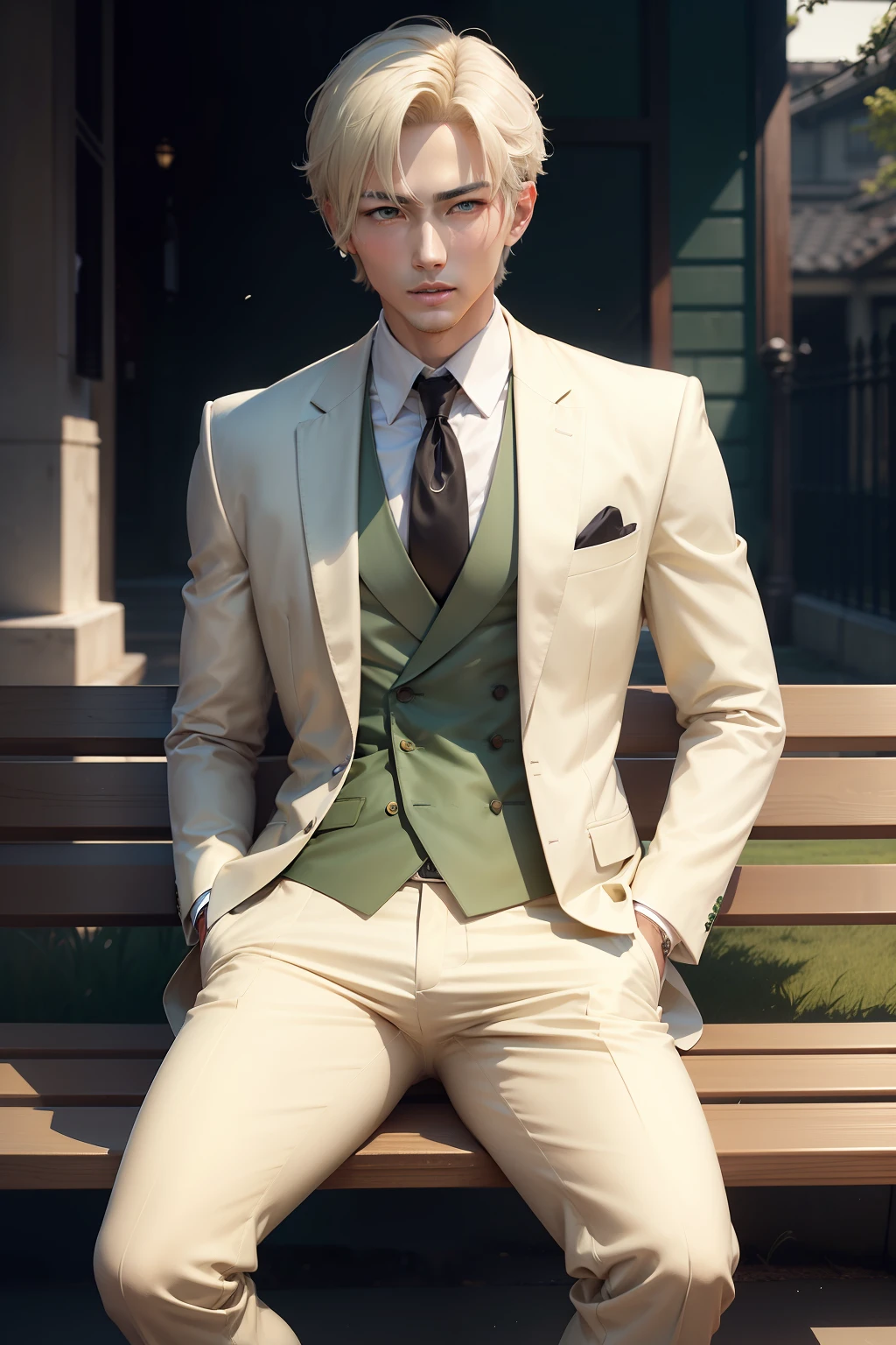 （​masterpiece）8K分辨率、Handsome young man meeting on bench、Platinum blonde short bob hair、green colored eyes、Model Style、Full body like、Wearing a suit、elegent、Anime style