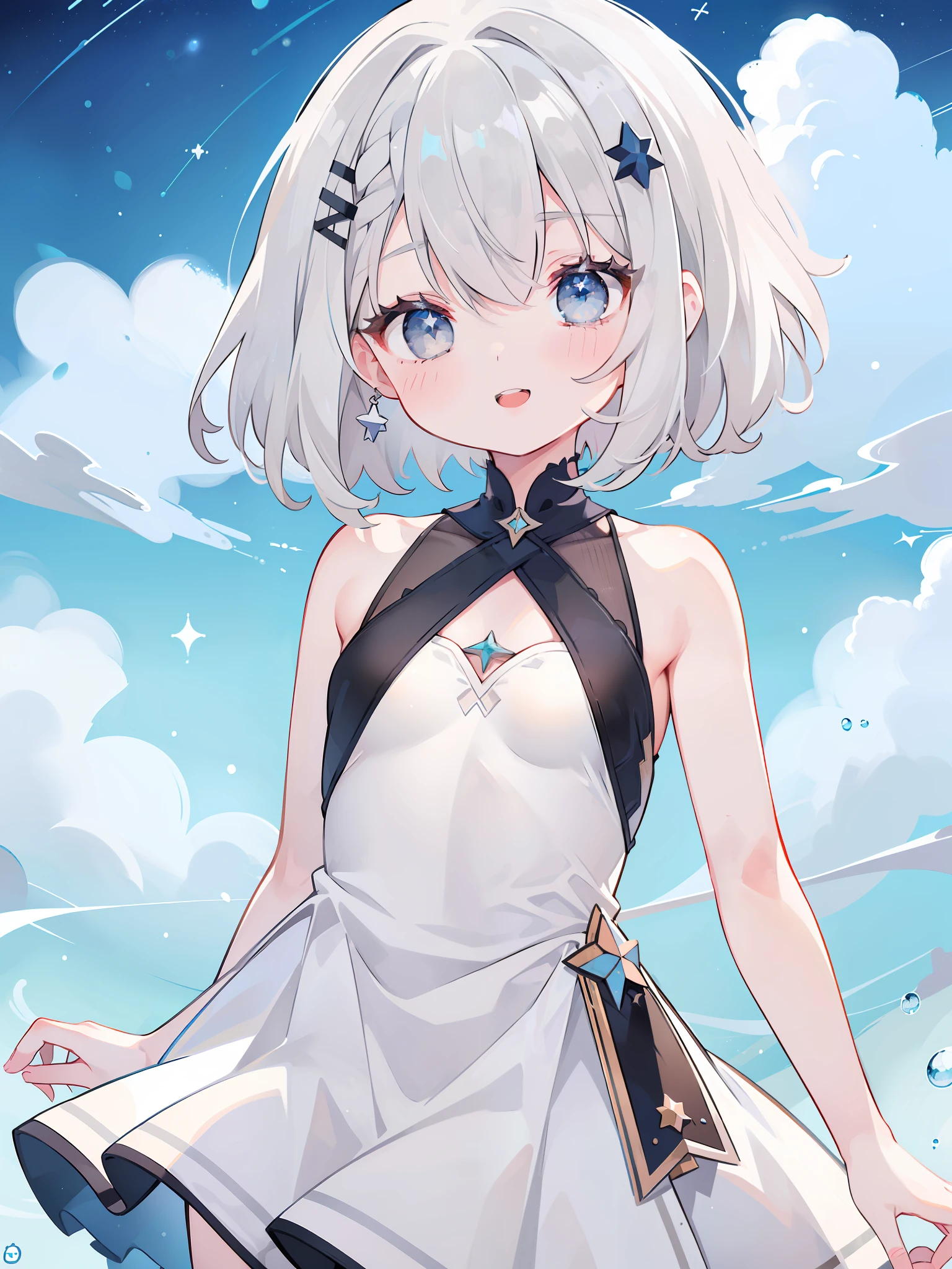 ((Best quality, 1 girl, solo)), white hair, short hair, (gray eyes), stars in eyes, double tooth, vanpaia tooth, smile, wiggly silver hairpin, (flat breast:1.2), Simple white collarless sleeveless dress, sky, sunny, bust shot