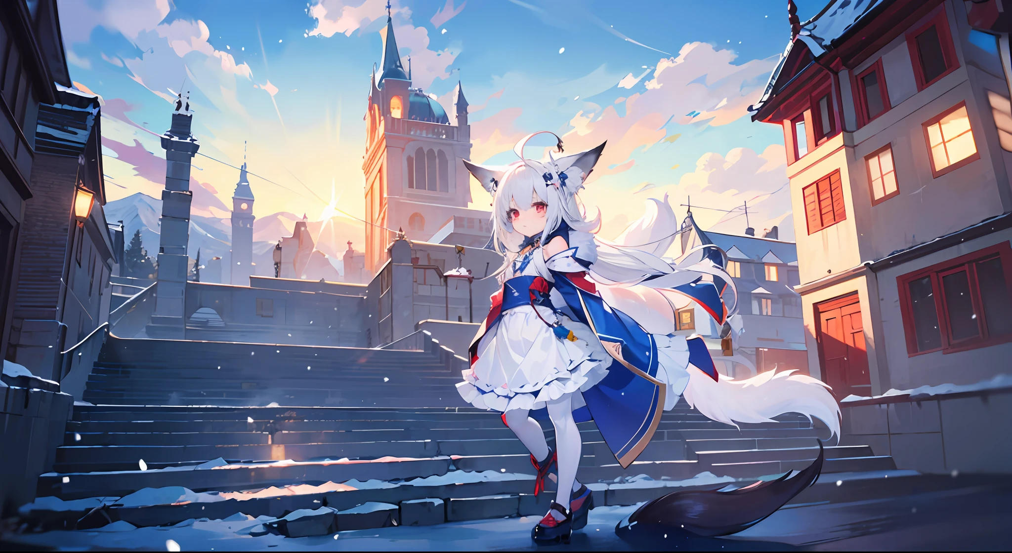 Han clothing,profile,full bodyesbian,Perspective,Movie Angle,very wide angle shot,Overall view,,Lens flare,Snow,High hills,blue sky with clouds,snowfield,Mountain,Nature,alps,Petite,Fox girl,Slender waist,Babe,Babe,Fox_hor ears,Long hair,ahoge,White_Hair,Red_Eyes,White_Hair,Red_Eyes,looking at the distance,kemomimi,standing,arms back behind,Slim legs,Beautiful_face,Cold attitude,Beautiful detailed eyes,Sweet_Lolita,Han clothing,White pantyhose,upper legs,KON,Suspenders,ribbon,hair flower,hair stick,Tail,Tiny_chest,Tiny_chest,Tiny_chest,Beautiful detailed sky,Ray tracing,Masterpiece,Clear picture,Sunlight,leg loops,ahoge,