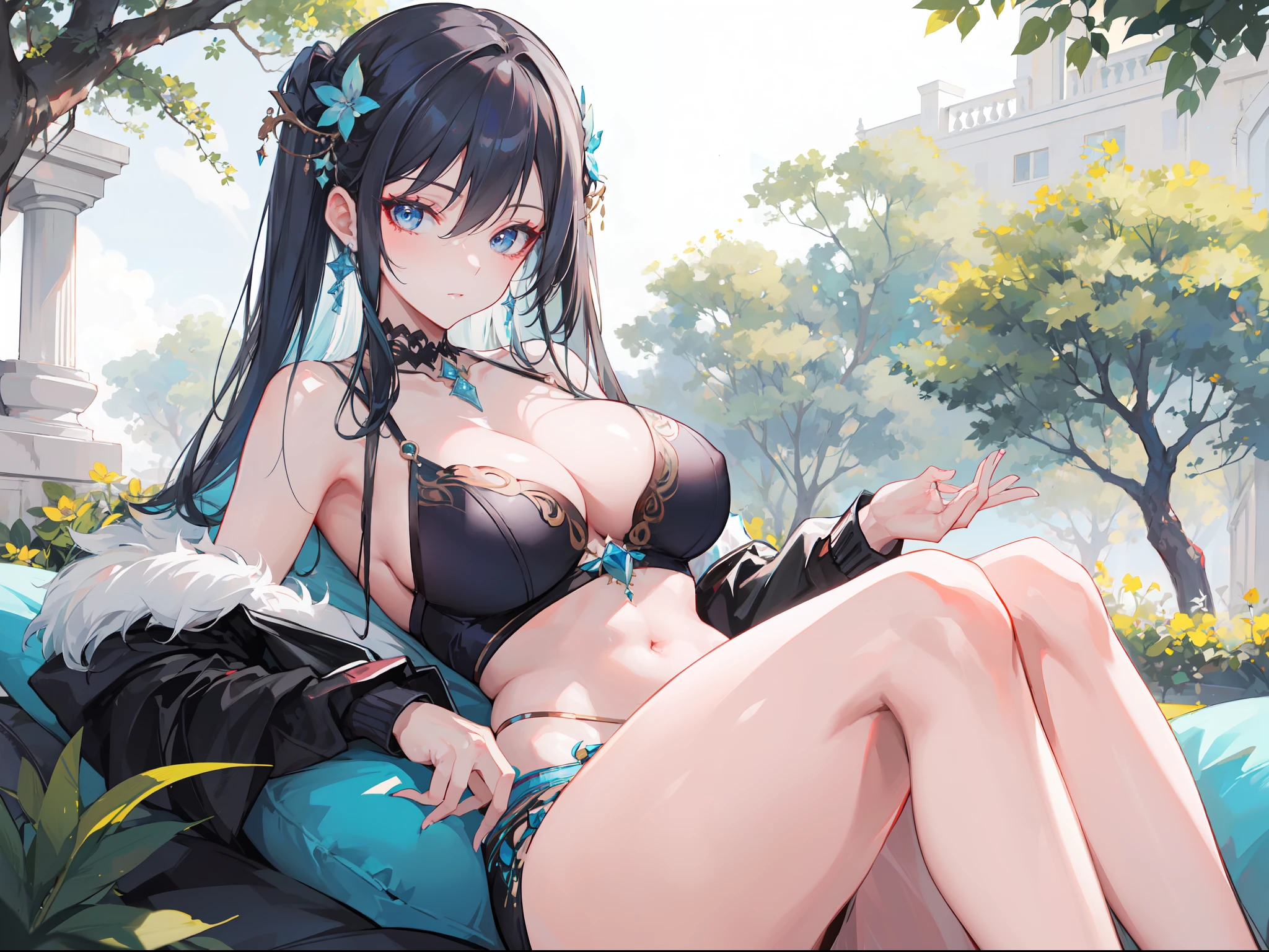 "Epic under tree daylight atmosphere, stunning 4k artwork showcasing an mature female with glow in the dark stylist hair, she have shar blue lazy eyes, she is the goddess of the symphony."