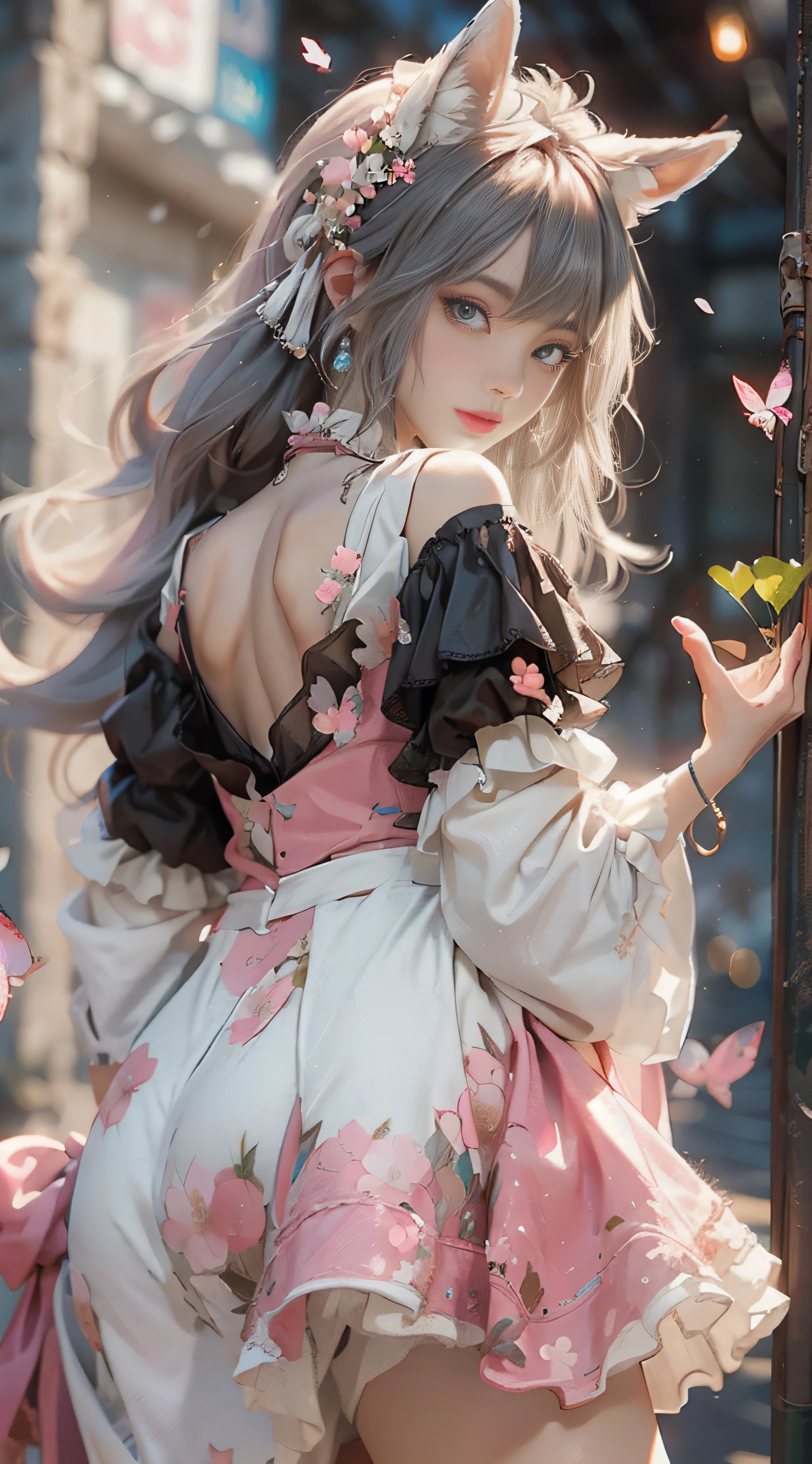 （（best qualtiy））， （（tmasterpiece））， （detail：1.4）， Beautiful cyberpunk female images，hdr（HighDynamicRange），Ray traching，NVIDIA RTX，Hyper-Resolution，illusory 5，sub surface scattering，PBR textures，post-proces，Anisotropy Filtering，depth of fields，maximum definition and sharpness，Many-Layer Textures，Albedo e mapas Speculares，Surface coloring，Mitsu-Accurate simulation of material interactions，perfectly proportioned，rendering by octane，Two-colored light，largeaperture，Low ISO，White balance，Rule three points、8K raw data、Beautiful bright blue pupils，off-the-shoulder clothes，Fine pupils，Delicate face and eyes，long eyelasher，Blushlush，Delicate and fluffy hair，pink lip，Pure，Cute face，Sweet girl，Artistic sense，Casual wear，Advancedsense，butterflys，Cherry blossom petal，Beautiful hair accessories，Long hair and waist，Hair fluttering in the wind，Snow-white fox ears，curlies，Snow-white fluffy tail，Positive light，The light from the back window is backlighted