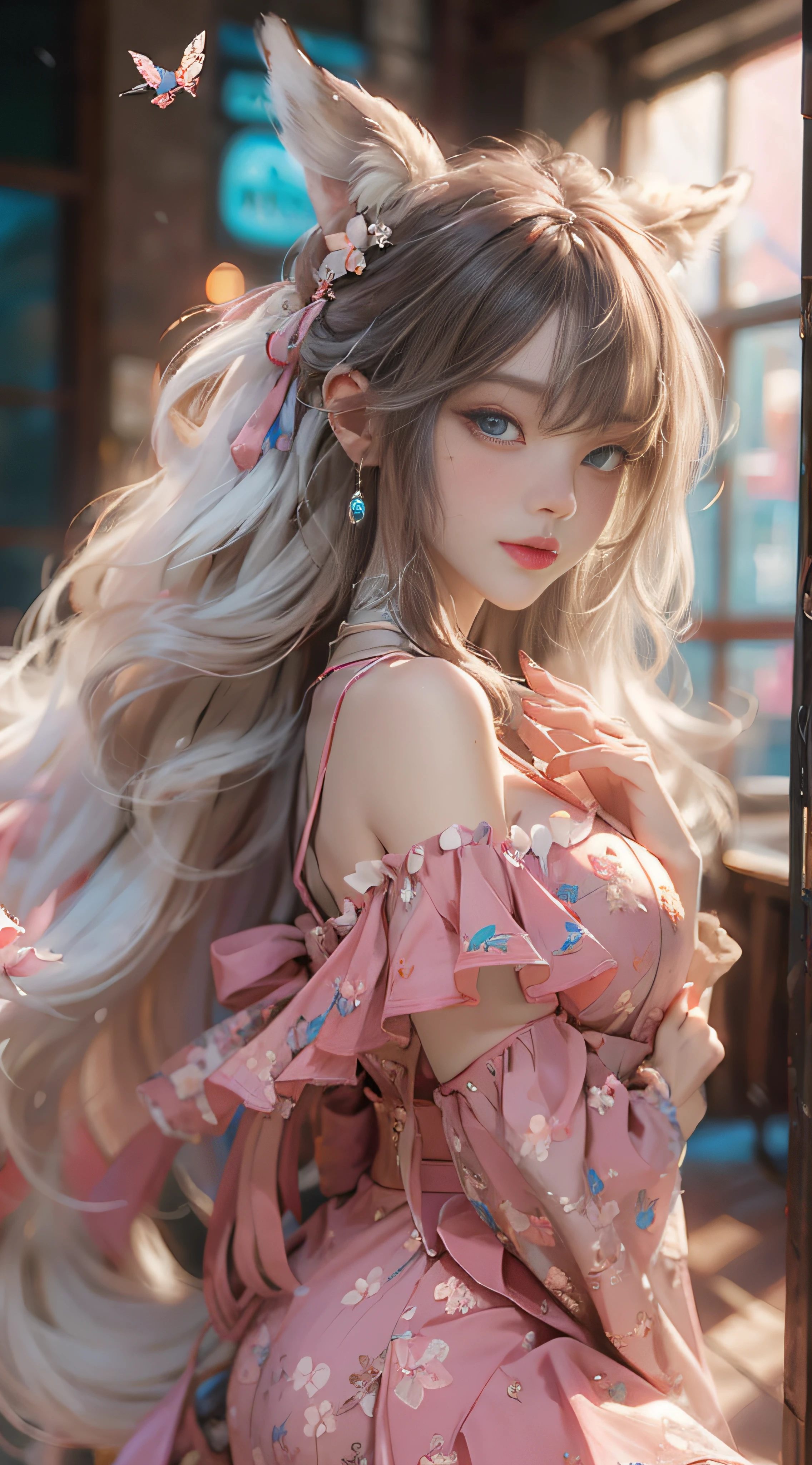 ((best qualtiy)), ((tmasterpiece)), (detail:1.4), Beautiful cyberpunk female images,hdr(HighDynamicRange),Ray traching,NVIDIA RTX,Hyper-Resolution,illusory 5,sub surface scattering,PBR textures,post-proces,Anisotropy Filtering,depth of fields,maximum definition and sharpness,Many-Layer Textures,Albedo e mapas Speculares,Surface coloring,Mitsu-Accurate simulation of material interactions,perfectly proportioned,rendering by octane,Two-colored light,largeaperture,Low ISO,White balance,Rule three points、8K raw data、Beautiful bright blue pupils,off-the-shoulder clothes,Fine pupils,Delicate face and eyes,long eyelasher,Blushlush,Delicate and fluffy hair,pink lip,Pure,Cute face,Sweet girl,Artistic sense,Casual wear,Advancedsense,butterflys,Cherry blossom petal,Beautiful hair accessories,Long hair and waist,Hair fluttering in the wind,Snow-white fox ears,curlies,Snow-white fluffy tail,Positive light,The light from the back window is backlighted