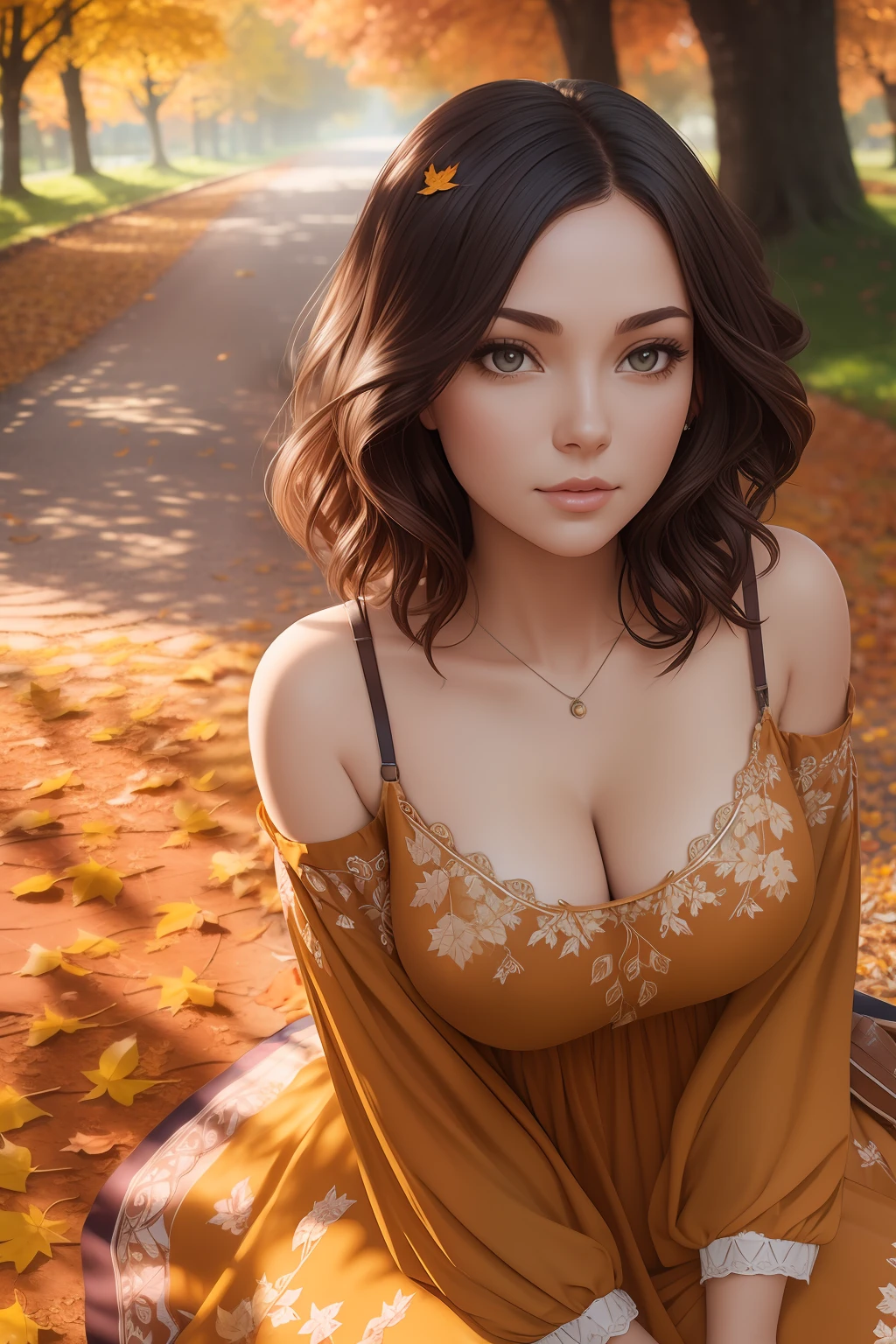 photography of a stunning girl, wearing a autumn dress, heavy bust 36DD, short wavy hair, sitting under a beautiful autumn tree, falling leaves, looks into the camera, symmetrical eyes, symmetrical face, photorealistic, photography, path tracing, specular lighting, volumetric face light, path traced hair, visible shadows, intricate, elaborate