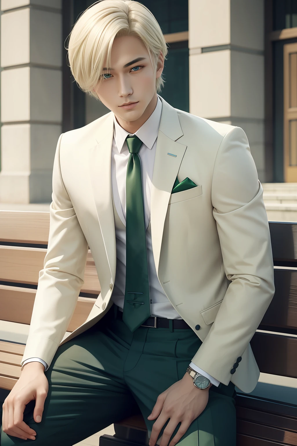 （​masterpiece）8K分辨率、Handsome young man meeting on bench、Platinum blonde short bob hair、green colored eyes、Model style、Full body like、Wearing a suit、elegent、Anime style