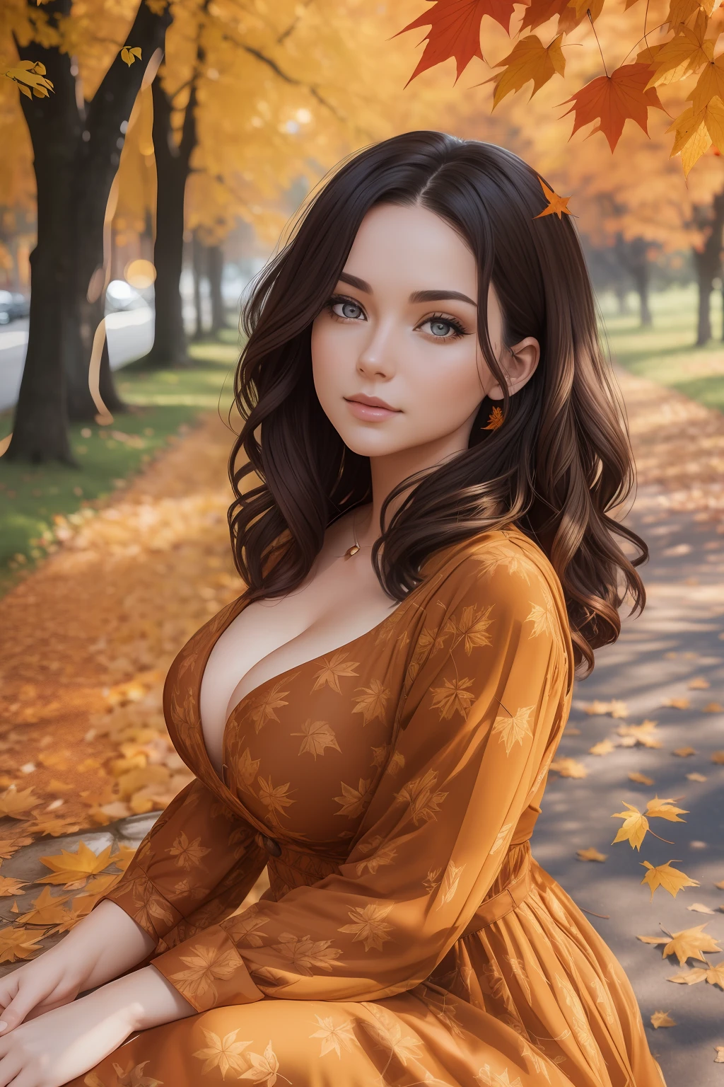 photography of a stunning girl, wearing a autumn dress, heavy bust 36DD, short wavy hair, sitting under a beautiful autumn tree, falling leaves, looks into the camera, symmetrical eyes, symmetrical face, photorealistic, photography, path tracing, specular lighting, volumetric face light, path traced hair, visible shadows, intricate, elaborate