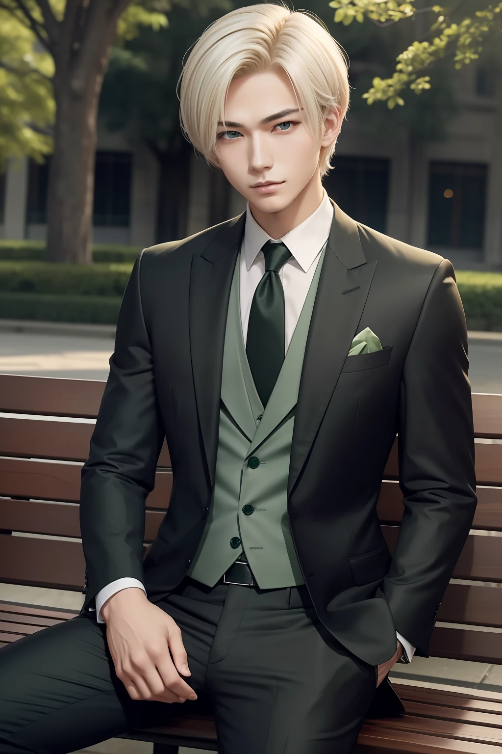 （​masterpiece）8K分辨率、Handsome young man meeting on bench、Platinum blonde short bob hair、green colored eyes、Model style、Full body like、Wearing a suit、elegent、Anime style