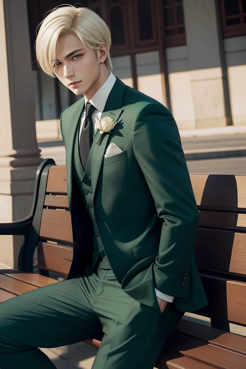 (masterpiece)8K分辨率、Handsome young man meeting on bench、Platinum blonde short bob hair、green colored eyes、Model style、Full body like、Wearing a suit、elegent、Anime style