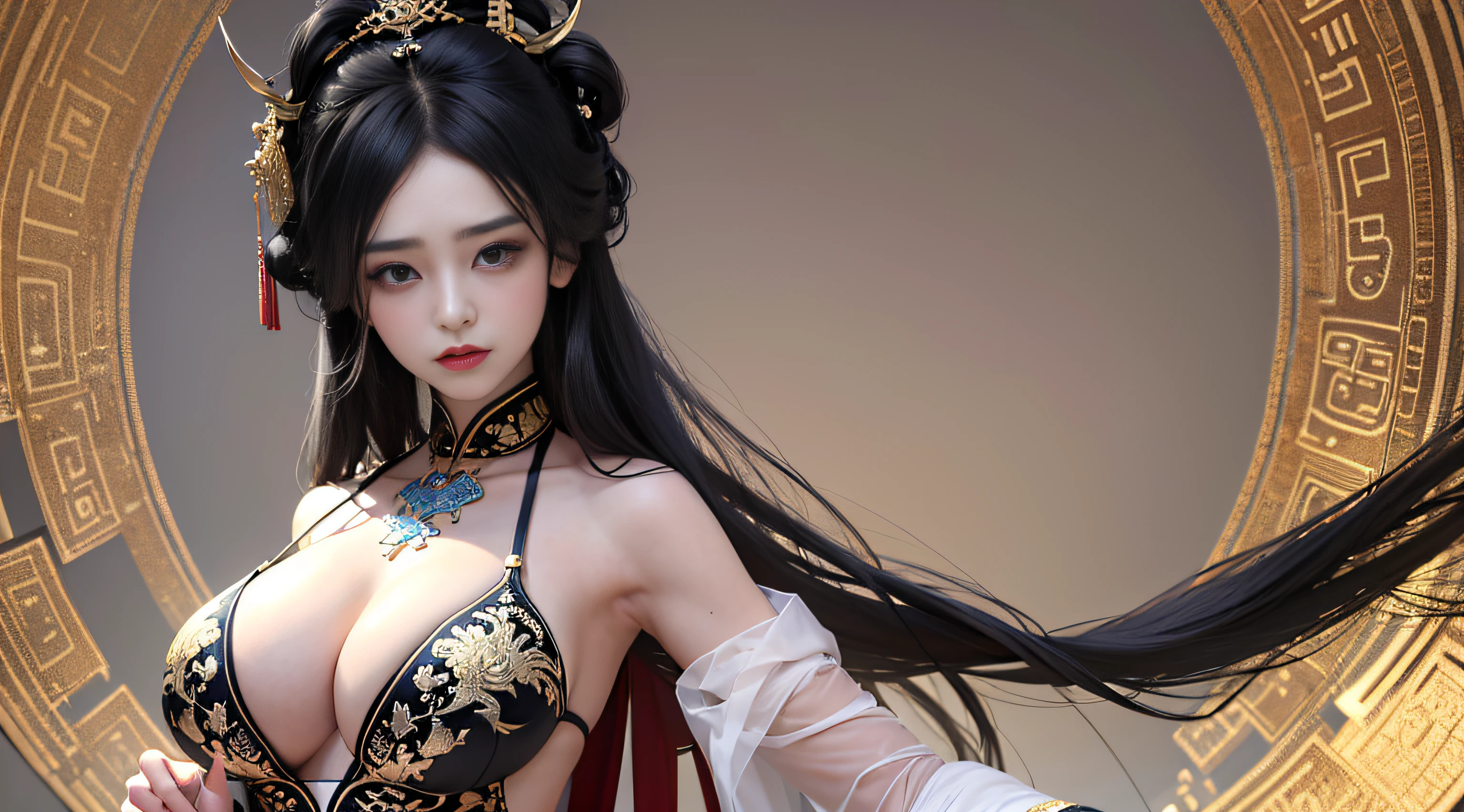 offcial art，Unity 8k壁纸，ultra - detailed，aestheticly pleasing，big breasts beautiful，tmasterpiece，best qualtiy， mistic， romanticism lain，literary，Artistically，Fashionab，Tang Dynasty era，decor，iintricate，embroidery，Blue and white Hanfu，Tulle coat，1girll，huge tit，black color hair，hair adornments，Sad，A sense of fatalism，Bust composition，Dramatic composition，电影灯光，dynamic viewing angle，Raised sexy，full of seduction，falling leaf，The clouds are thick，Dramatic composition