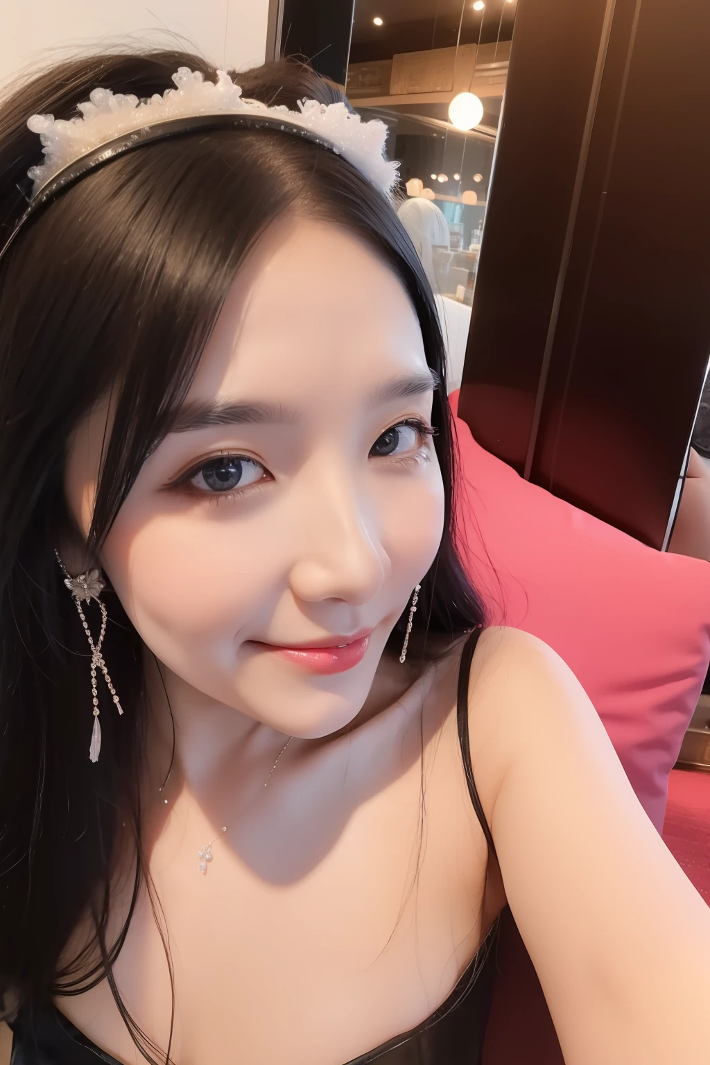 black hair, hair bobbles, wince, longeyelashes, solid circle eyes, fake animal ears, light smile, ear blush, fang, Surrealism, drop shadow, anaglyph, stereogram, tachi-e, pov, atmospheric perspective, 8k, super detail, ccurate, best quality