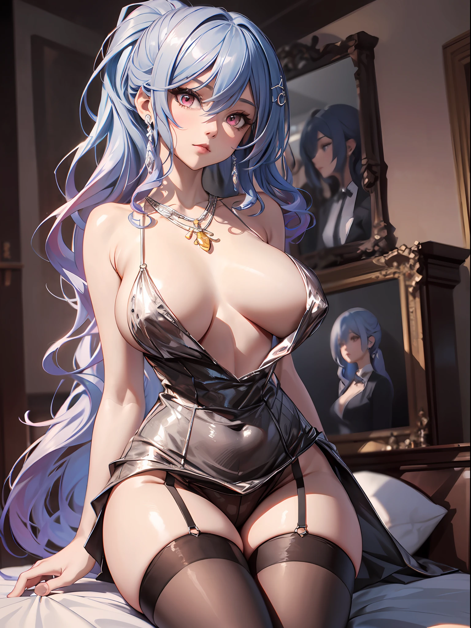 1个Giant Breast Girl!Ray traching,best shadow,A high resolution(dim murky lights)detailedbackground(liveroom)Fluffy silver hair,plump and slender girl,With a high ponytail, avoid golden eyes in the ominous living room(Girl wears white shirt,Black wrinkled skirt,Wear yours with black sheer pantyhose)It shows a delicate and slender figure and beautiful curves,Limbs with correct and reasonable position!hand behind head,The fingers are slender and slender!Stand dignified,detail in face!Delicate facial features!Pay attention to the details of the position of the legs!Pay attention to hand details!high high quality!More eligible!Reduce errors!Painting is more elaborate,Ultra-detailed CG,The picture is more reasonable!Pay attention to finger details!8k wallpaper,tmasterpiece,Double pupil details!Reduce eye size differences!Limit the number of fingers,huge tit,blush,