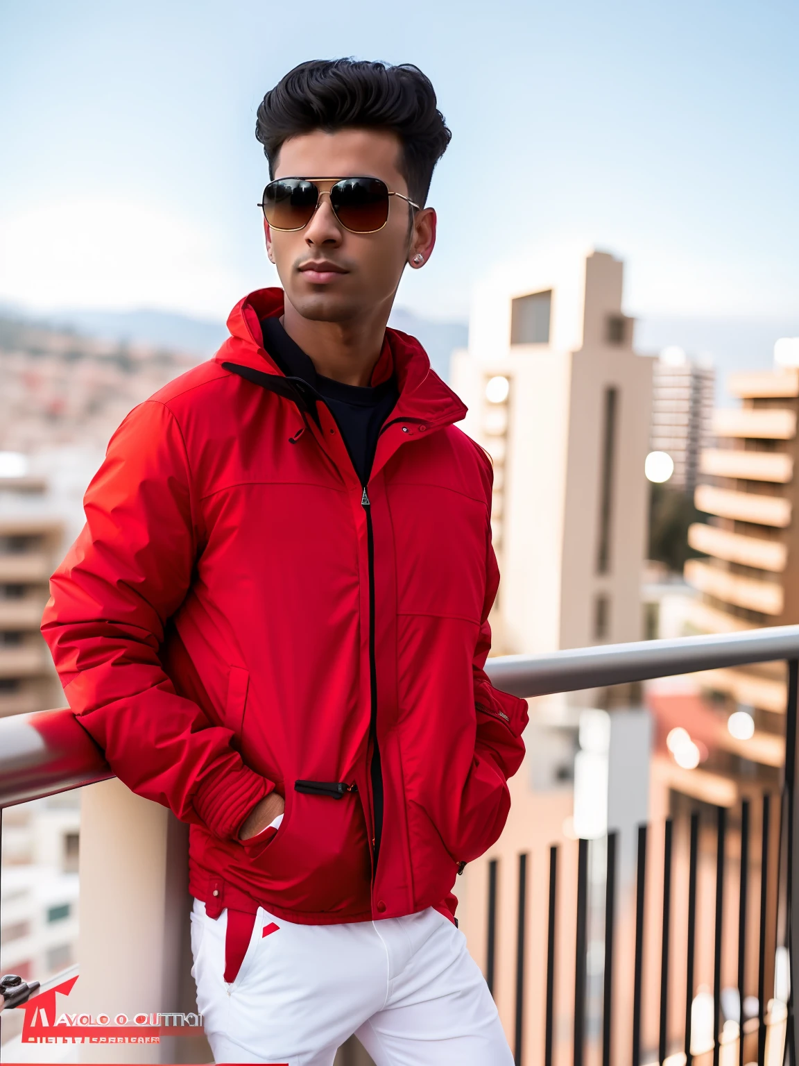 arafed man in red jacket and sunglasses standing on a balcony, cool red jacket, red jacket, wearing red jacket, with accurate face, with lovely look, black and red jacket, wearing jacket, full body black and red longcoat, jacket, ayan nag, chilly, in style of davey adesida, mohamed chahin style, with a cool pose