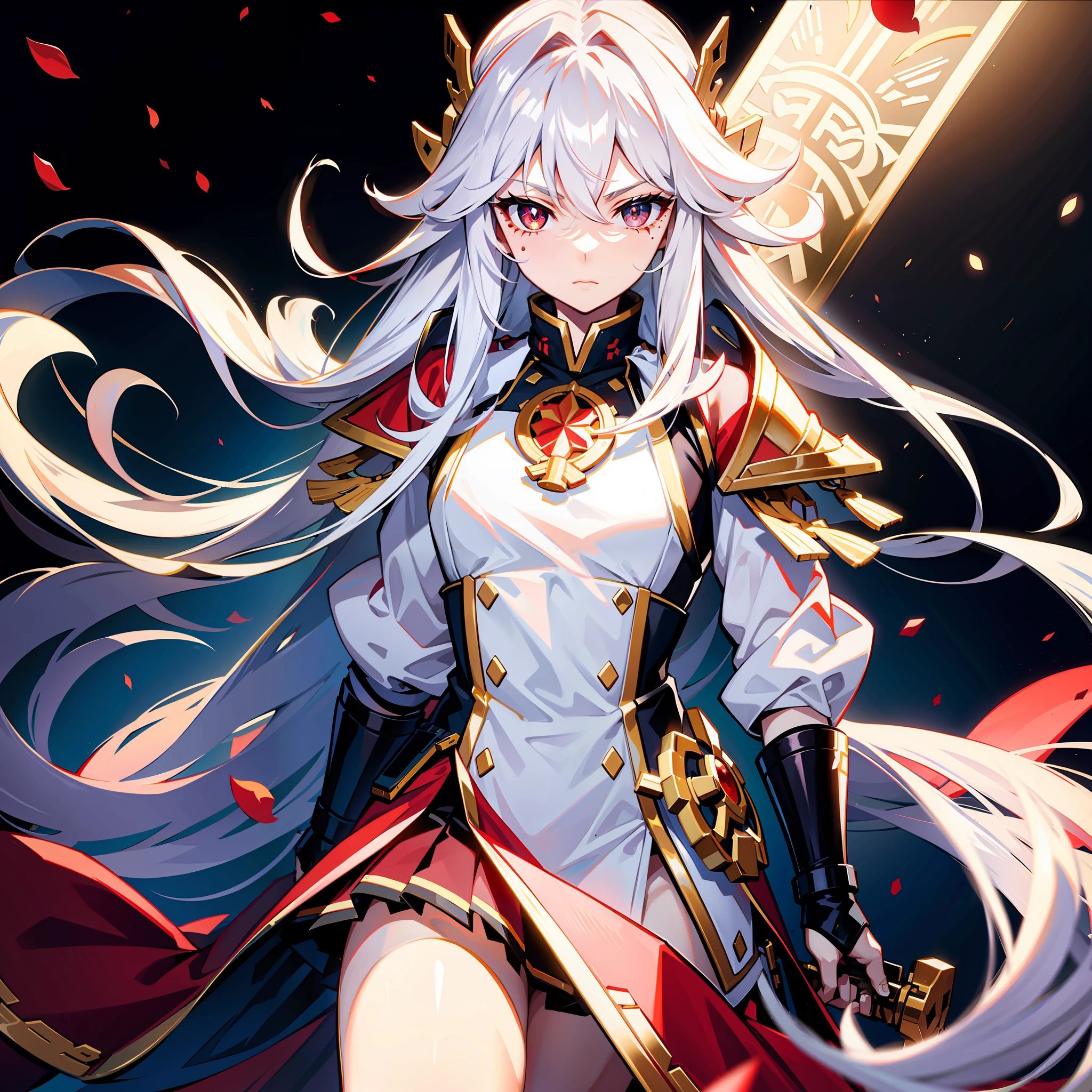 Long white hair，Slightly flat-chested，arma: Long Gun，Armour，tear-mole，Handsome，Radiating red pupils，girls，Bunched hair