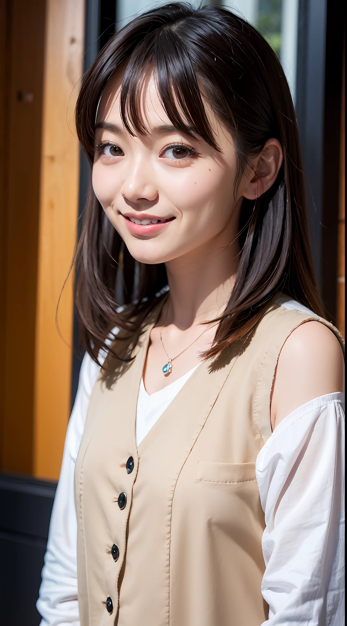 (((Medium hair))), top-quality, 8K, HDR, Hi-Res, absurderes:1.2, a picture, (RAW Photography:1.2), (Photorealsitic:1.4), (masterpiece:1.3), (intricate detailes:1.2), 1girl in, 独奏, a japanese girl, Delicate and beautiful details, (A detailed eye), (detailed facial features), 小柄, (((tiny chest))), tonned skin, (looking_at_viewer), from_front, (skiny), (top-quality:1.4), (超A high resolution:1.2), cinematric light, (Extreme detailed illustration), (lipgloss、top-quality、超A high resolution、depth of fields、Caustics、Broadlighting、Natural Shading、85mm、f / 1.4、ISO 200、1 / 160 seconds:0.75)、1girl in、独奏、((Beige vest)))a smile、校服、a necklace、fashionable cafe:1.3、Black neat and clean clothes、乃木坂アイドル、hposing Gravure Idol、Beautie