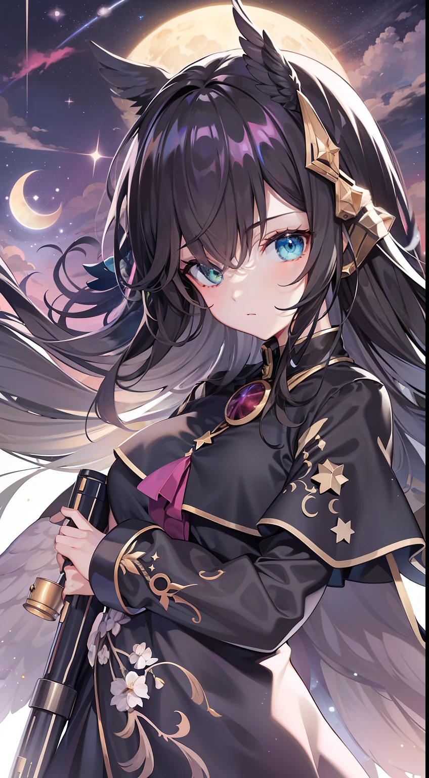 1girl,arm_cannon,asymmetrical_clothes,asymmetrical_footwear,aurora,bird_wings,black_hair,black_wings,bow,brown_hair,cape,city_lights,constellation,crescent_moon,earth_(planet),feathered_wings,full_moon,galaxy,green_bow,green_skirt,hair_bow,large_wings,light_particles,long_hair,milky_way,mismatched_footwear,moon,moonlight,night,night_sky,planet,radiation_symbol,shoes,shooting_star,sky,solo,space,space_craft,spread_wings,star_(sky),star_(symbol),starry_background,starry_sky,starry_sky_print,sun,telescope,third_eye,weapon,wings,reiuji_utsuho