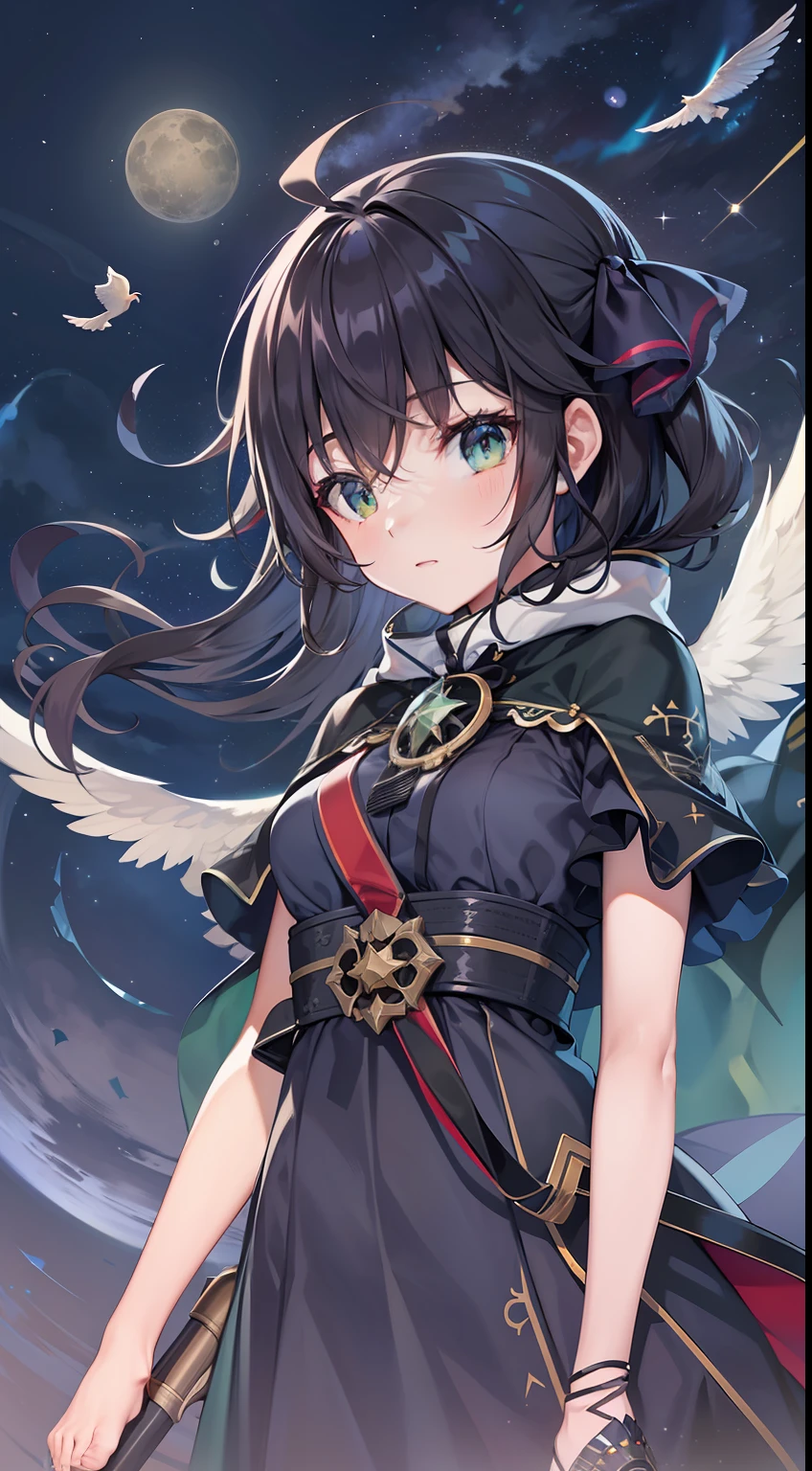 1girl,arm_cannon,asymmetrical_clothes,asymmetrical_footwear,aurora,bird_wings,black_hair,black_wings,bow,brown_hair,cape,city_lights,constellation,crescent_moon,earth_(planet),feathered_wings,full_moon,galaxy,green_bow,green_skirt,hair_bow,large_wings,light_particles,long_hair,milky_way,mismatched_footwear,moon,moonlight,night,night_sky,planet,radiation_symbol,shoes,shooting_star,sky,solo,space,space_craft,spread_wings,star_(sky),star_(symbol),starry_background,starry_sky,starry_sky_print,sun,telescope,third_eye,weapon,wings,reiuji_utsuho
