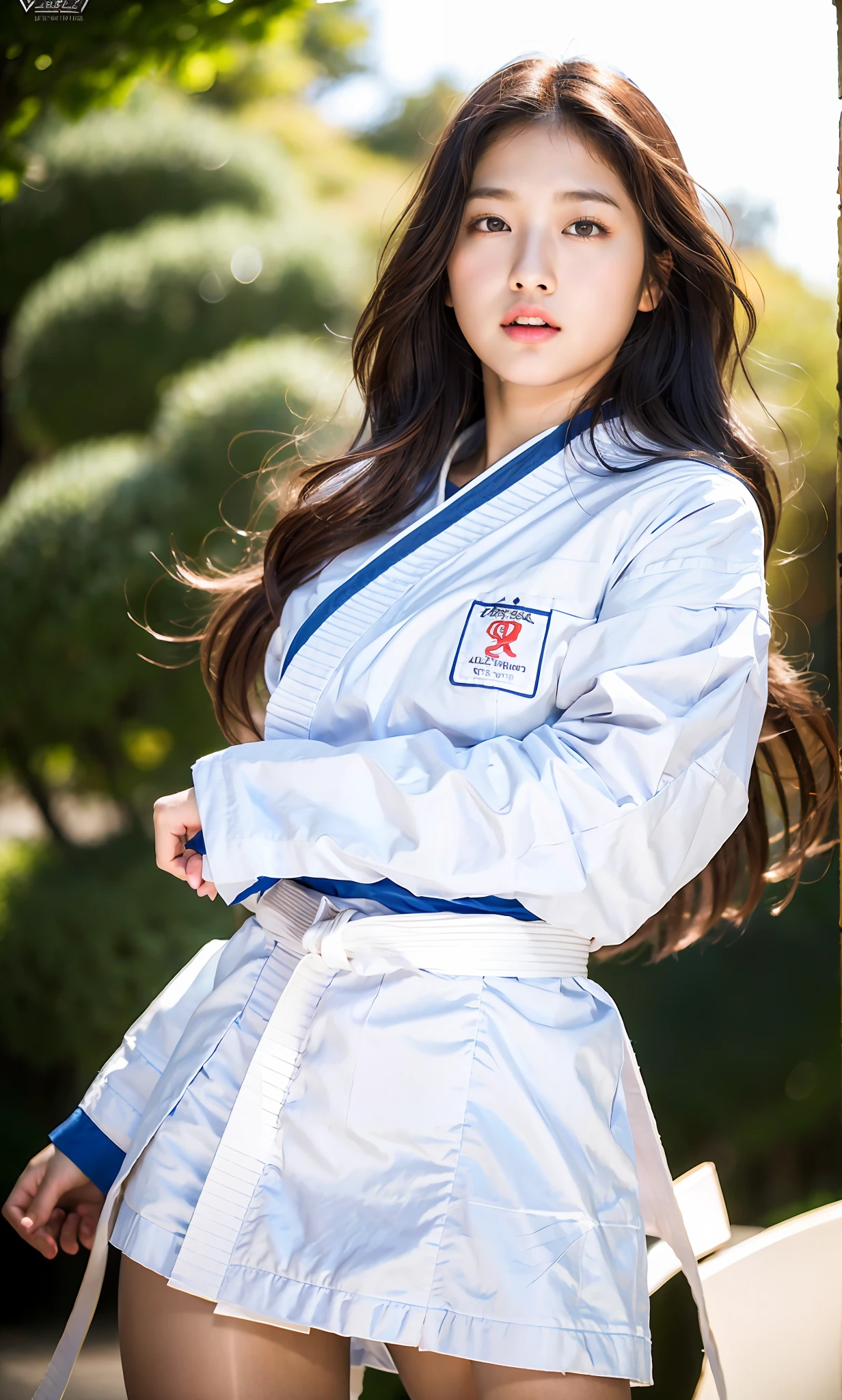 ulzzang-6500-v1.1, (raw photo:1.2), (photorealistic:1.4), beautiful detailed girl, very detailed eyes and face, beautiful detailed eyes, ridiculous, incredibly ridiculous, huge file size, super detailed, high resolution, very detailed, best quality, masterpiece, kemomimi, ((Japanese girls' karate costumes)), illustration, very detailed, CG, unified, 8k wallpaper, amazing, Fine details, masterpiece, best quality, very detailed CG uniform 8k wallpaper, light on face, cinematic lighting, 1girl, , ((dynamic pose)), karate pose