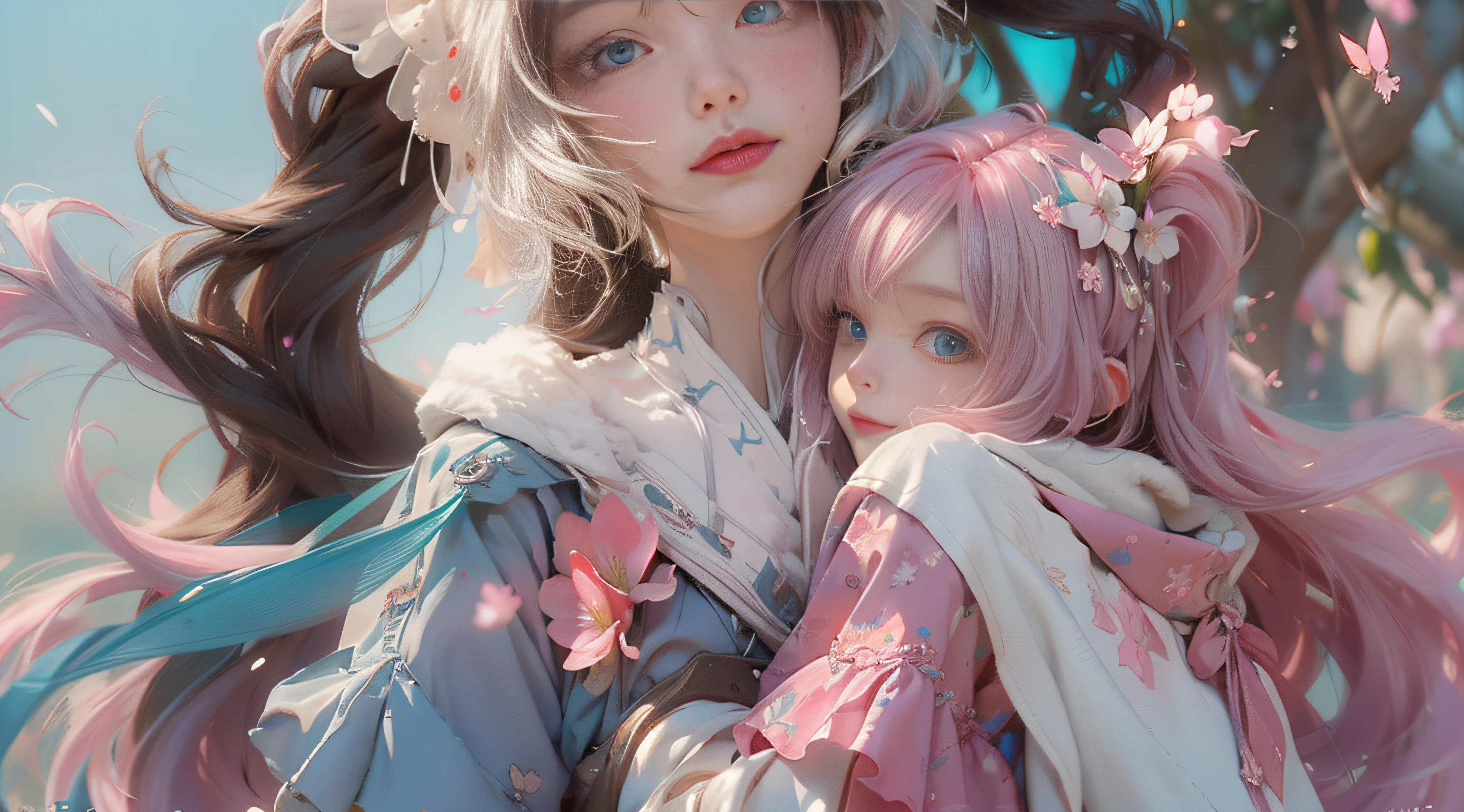 ((best qualtiy)), ((tmasterpiece)), (detail:1.4), Beautiful cyberpunk female images,hdr(HighDynamicRange),Ray traching,NVIDIA RTX,Hyper-Resolution,illusory 5,sub surface scattering,PBR textures,post-proces,Anisotropy Filtering,depth of fields,maximum definition and sharpness,Many-Layer Textures,Albedo e mapas Speculares,Surface coloring,Mitsu-Accurate simulation of material interactions,perfectly proportioned,rendering by octane,Two-colored light,largeaperture,Low ISO,White balance,Rule three points、8K raw data、Beautiful bright blue pupils,off-the-shoulder clothes,Fine pupils,Delicate face and eyes,long eyelasher,Blushlush,Delicate and fluffy hair,pink lip,Pure,Cute face,Sweet girl,Artistic sense,Casual wear,Advancedsense,butterflys,Cherry blossom petal,Beautiful hair accessories,Long hair and waist,Hair fluttering in the wind,Snow-white fox ears,curlies,Snow-white fluffy tail,Positive light,The light from the back window is backlighted