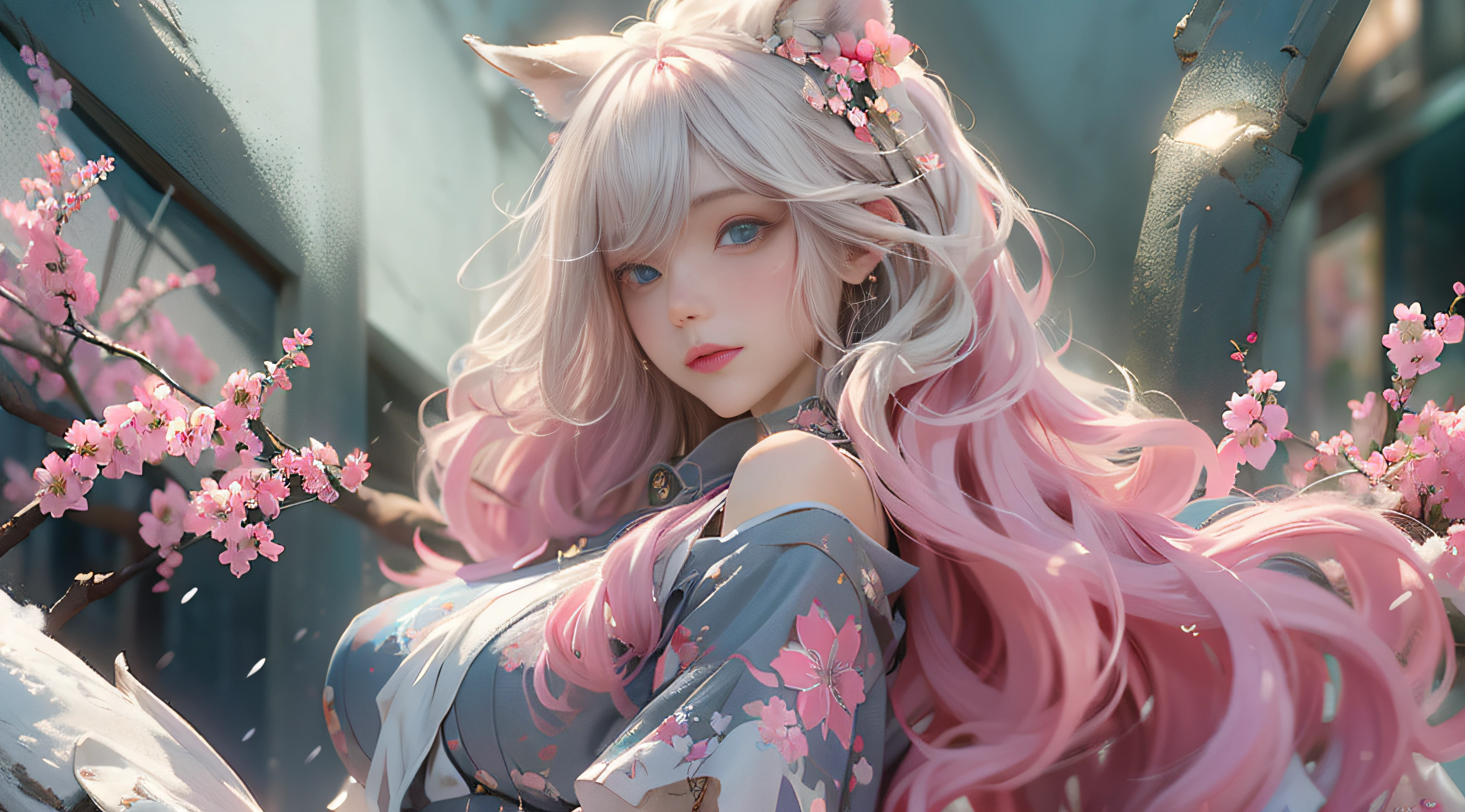 （（best qualtiy））， （（tmasterpiece））， （detail：1.4）， Beautiful cyberpunk female images，hdr（HighDynamicRange），Ray traching，NVIDIA RTX，Hyper-Resolution，illusory 5，sub surface scattering，PBR textures，post-proces，Anisotropy Filtering，depth of fields，maximum definition and sharpness，Many-Layer Textures，Albedo e mapas Speculares，Surface coloring，Mitsu-Accurate simulation of material interactions，perfectly proportioned，rendering by octane，Two-colored light，largeaperture，Low ISO，White balance，Rule three points、8K raw data、Beautiful bright blue pupils，off-the-shoulder clothes，Fine pupils，Delicate face and eyes，long eyelasher，Blushlush，Delicate and fluffy hair，pink lip，Pure，Cute face，Sweet girl，Artistic sense，Casual wear，Advancedsense，butterflys，Cherry blossom petal，Beautiful hair accessories，Long hair and waist，Hair fluttering in the wind，Snow-white fox ears，curlies，Snow-white fluffy tail，Positive light，The light from the back window is backlighted