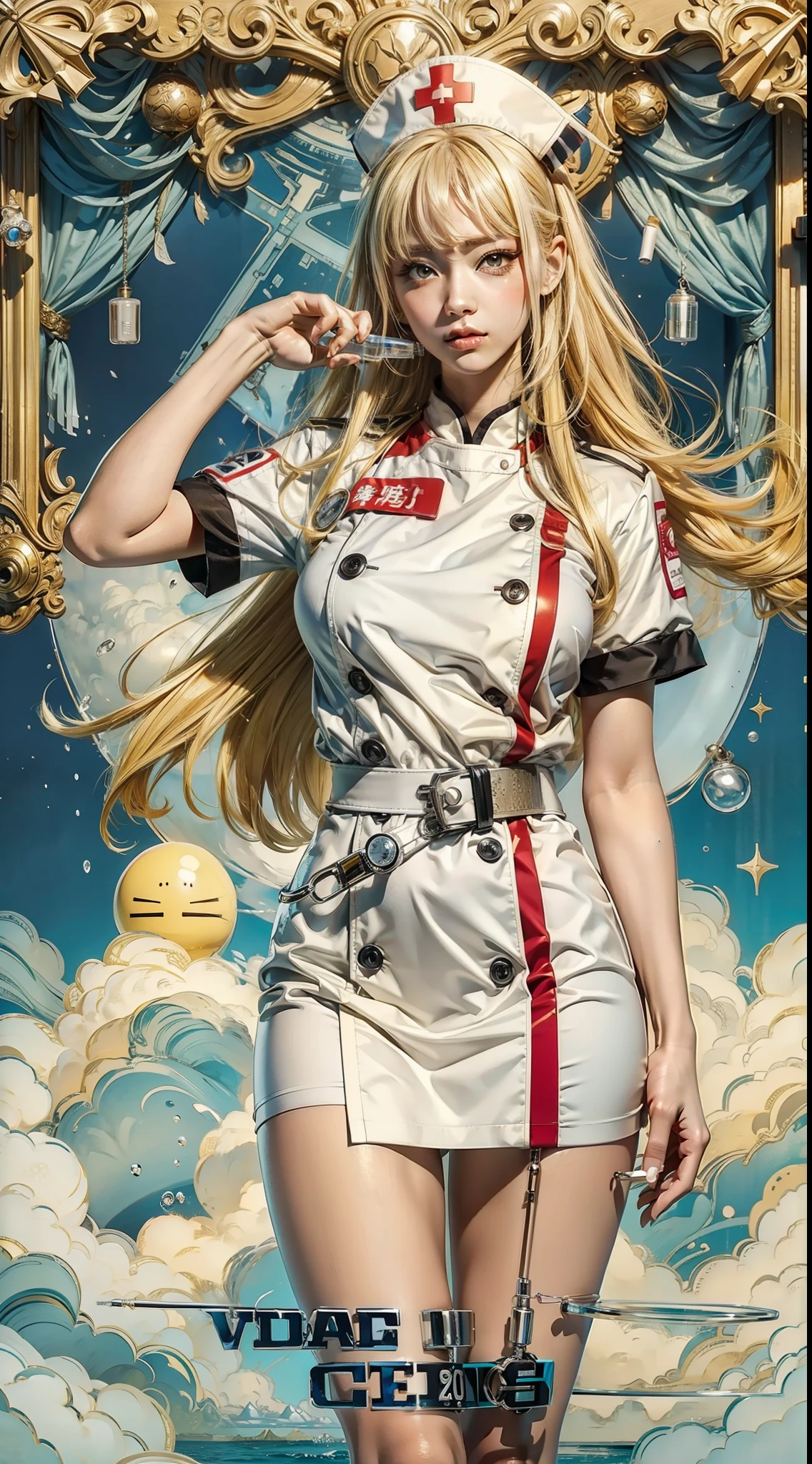 A cute girl，Nurse's uniform，Holding a huge glass syringe in his hand，ssee-through:1.2,cleanness，Long flowing yellow hair，Side Body，big breasts thin waist，Cocked buttocks，Raised sexy，tmasterpiece，ultra - detailed，HD close-up of face，pupil realistic，Textured skin，超高分辨率，