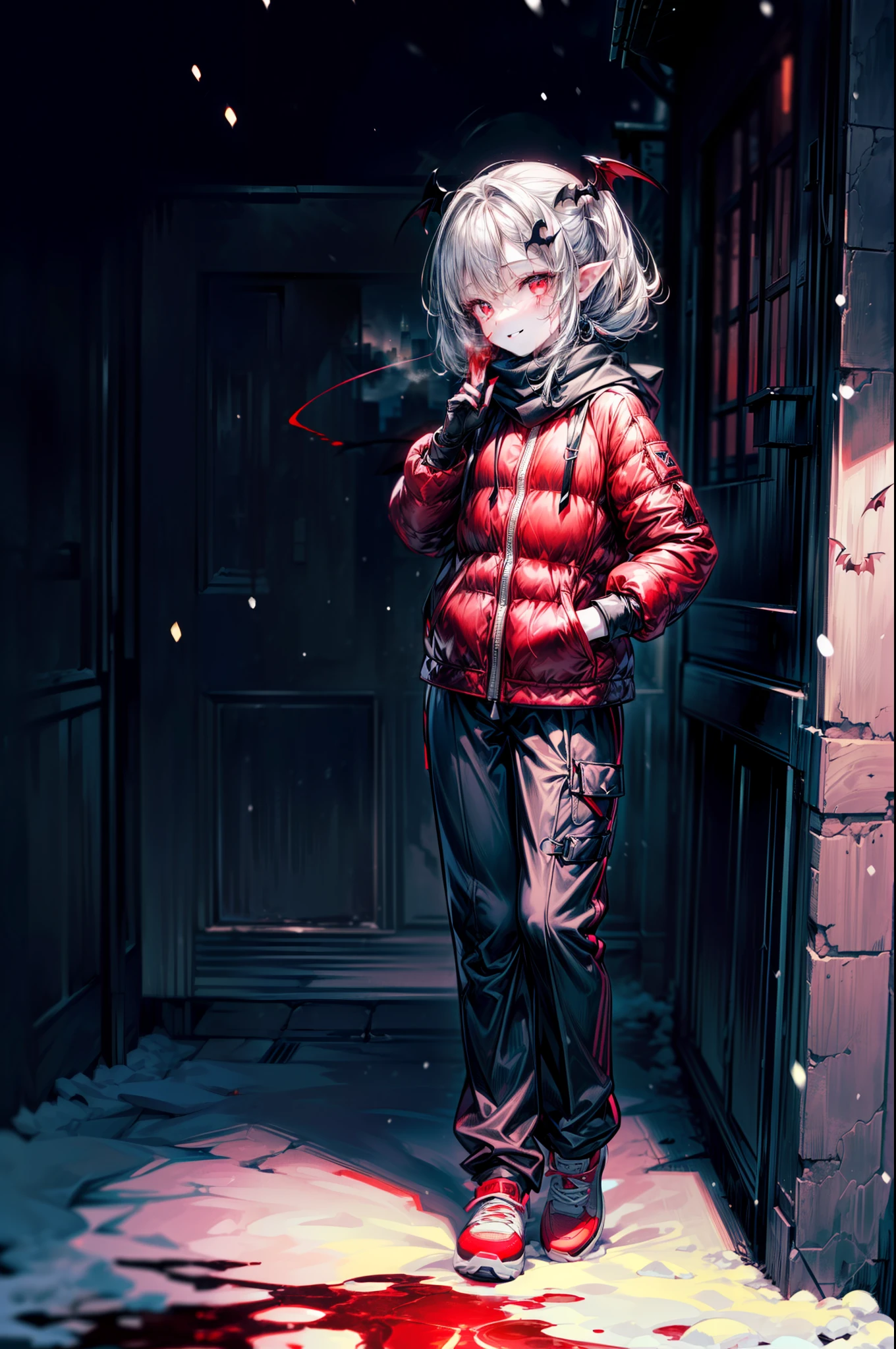 ((masterpiece, best quality, extremely detailed CG, unity 8k wallpaper,anatomically correct,ultra resolution)),Award-winning photography,(best illumination,Very Delicate and Beautiful),(one girl,solo,loli:1.5),(Vampire:1.45),silver hair,(twintails:1.2),glowing red eyes,(pale skin:1.45),(extremely beautiful and detailed face:1.2), (extremely beautiful and detailed eyes:1.2),perfect hands,delicate legs,((bat hair ornament)),(graceful,fashion),pointy ears,((Down Jackets:1.4,cotton trousers,nike sports shoes,black leather gloves,scarf)),looking at viewer,hand to own mouth,head tilt,(morbid smile:1.3),dark persona,evil,(cute:1.5),((night, dark atmosphere, dark theme, darkness:1.5)),dramatic shadows,(dimly lit:1.5),blood on face,blood on floor, blood on walls,(blood mist,blood splash:1.4),depth of field,(Bustling city:1.2,snow:1.3),cloudy sky,snowing,skyline,(perfect human body structure with maximum precision)