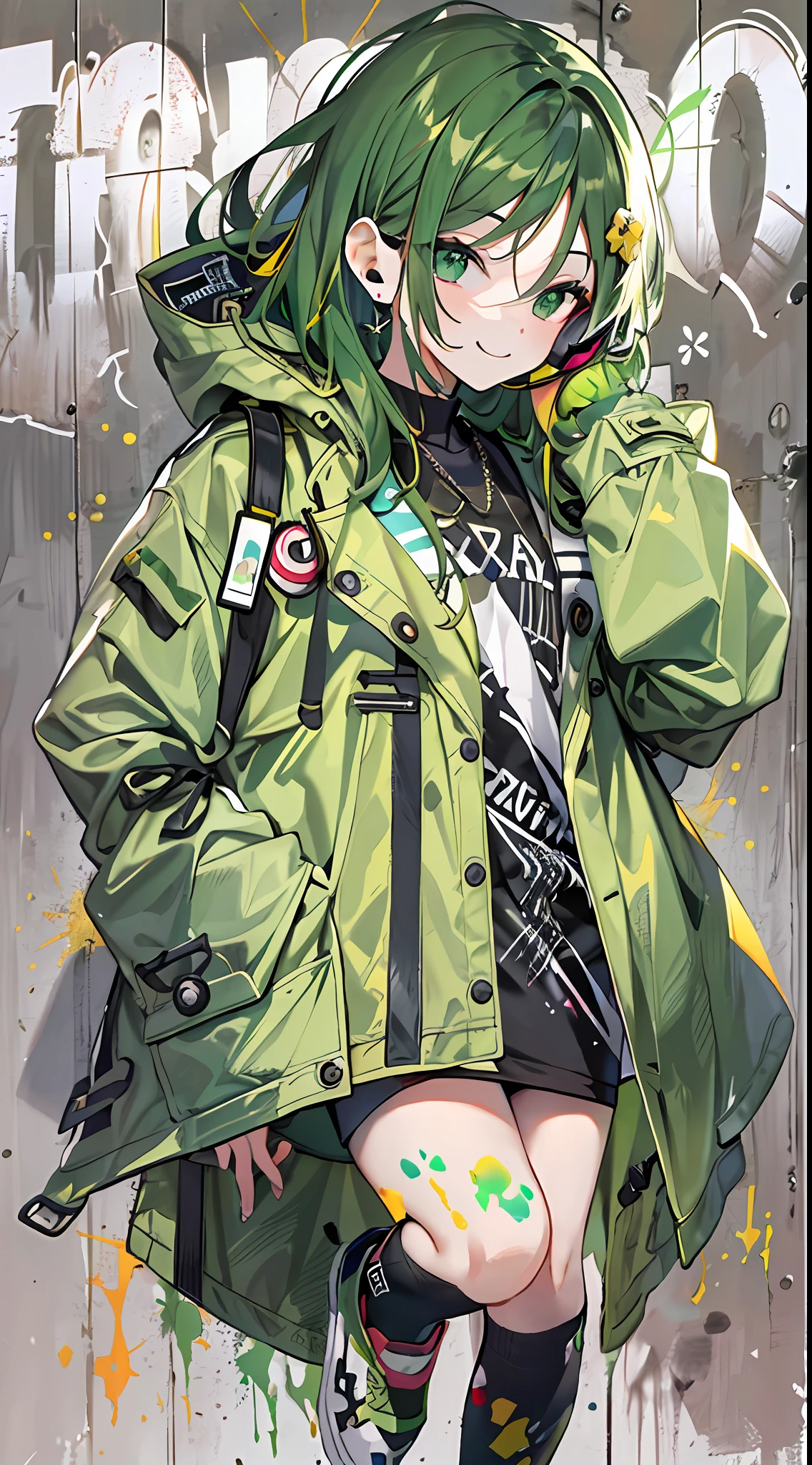 tmasterpiece,Best picture quality,Graffiti girl(scribbles: 1.5),paint splatter,against a wall,Tilt your head and smile,whaite hair,Green eyes,Earphone,(Green and black tones:3),Functional trench coat,Trendy outfits。