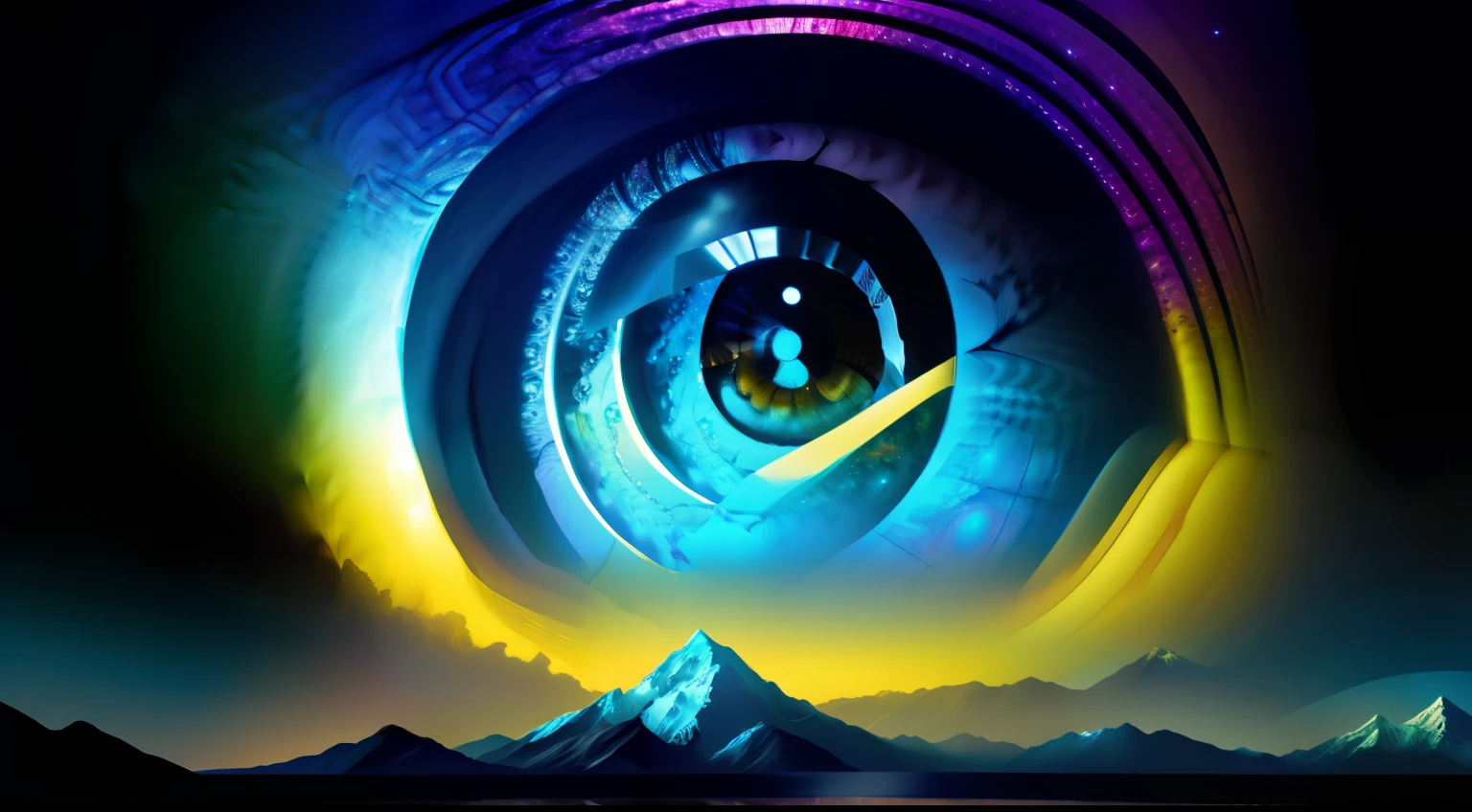 dreamlikeart, [light, paint, jwst, spiral galaxy, incomprehensible cosmic horror: ink, shadow, :0.25], big man, eye, pupil, two-sided, mountain horizon, sun, [glitch | databending]