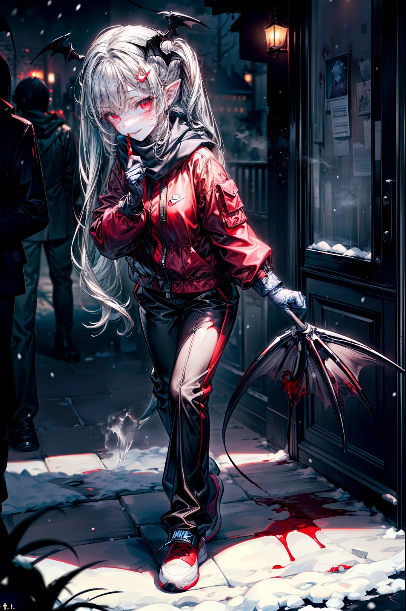 ((masterpiece, best quality, extremely detailed CG, unity 8k wallpaper,anatomically correct,ultra resolution)),Award-winning photography,(best illumination,Very Delicate and Beautiful),(one girl,solo,loli:1.5),(Vampire:1.45),silver hair,(twintails:1.2),glowing red eyes,(pale skin:1.45),(extremely beautiful and detailed face:1.2), (extremely beautiful and detailed eyes:1.2),perfect hands,delicate legs,((bat hair ornament)),(graceful,fashion),pointy ears,((Down Jackets:1.4,cotton trousers,nike sports shoes,black leather gloves,scarf)),looking at viewer,hand to own mouth,head tilt,(morbid smile:1.3),dark persona,evil,(cute:1.5),((night, dark atmosphere, dark theme, darkness:1.5)),dramatic shadows,(dimly lit:1.5),blood on face,blood on floor, blood on walls,(blood mist,blood splash:1.4),depth of field,(Bustling city:1.2,snow:1.3),cloudy sky,snowing,skyline,(perfect human body structure with maximum precision)