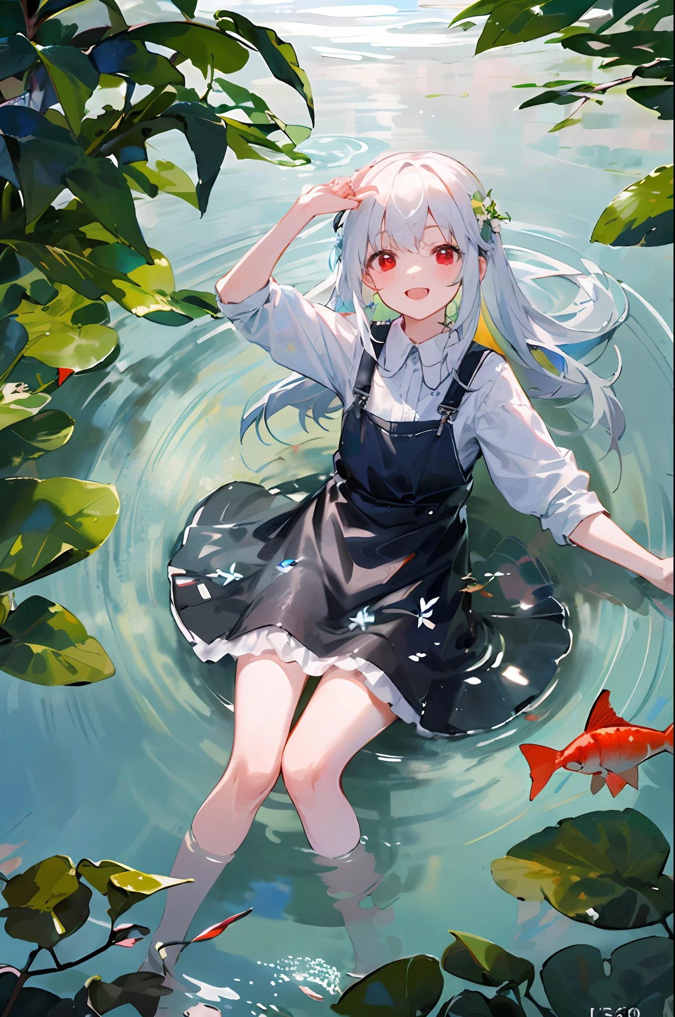 White-haired girl with red eyes, Frolic happily in the crystal clear pond,Surrounded by colorful fish and flowers, Creates ripples that reflect the warm sunlight overhead. The overall mood is playful and carefree, Innocence and wonder pervaded the scene. photography with 50mm lens, f/2.8 aperture, ISO 200 captures the details of a girl's expression and surroundings. --AR 1:1 --v 4
