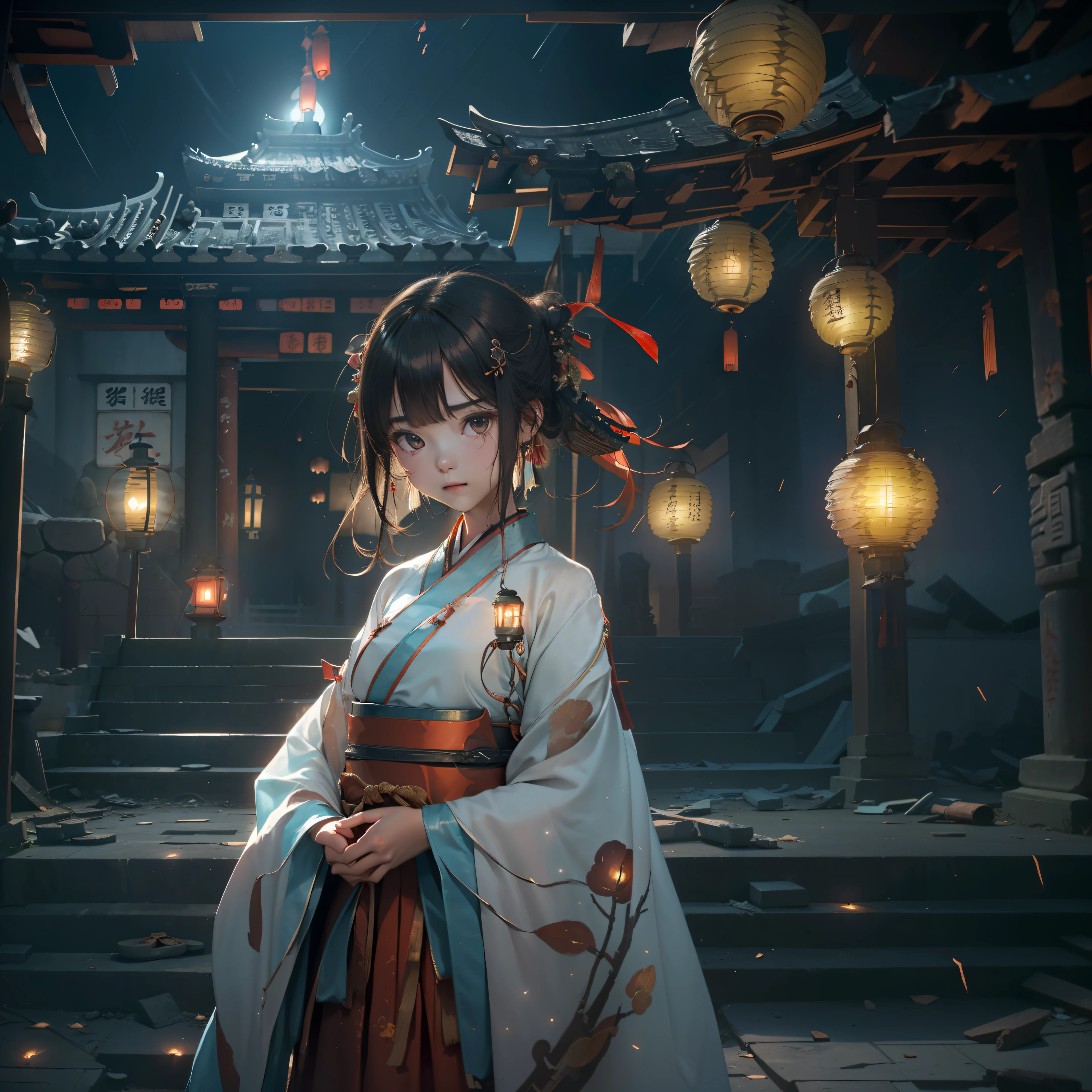 Very cute girl,G Cup Breasts,(Hanfu:1.6),(Hunfu skirt:1.3),(Bewitching:1.5),(The light of the mysterious lanterns shines:1.4),,a short bob,(A crumbling abandoned temple with peeling paint:1.5),(dark sky:1.8),(top-quality:1.4) ,Melancholy look,(Prone to downcast eyes:1.4),Look away,(Vague and ephemeral:1.4),(Otherworldly:1.1),Less ambient light、Strong reflection,Slender eyes,(Mysterious Beauty:1.3),(Lantern light illuminating a shadowy face:1.4),underlighting,
