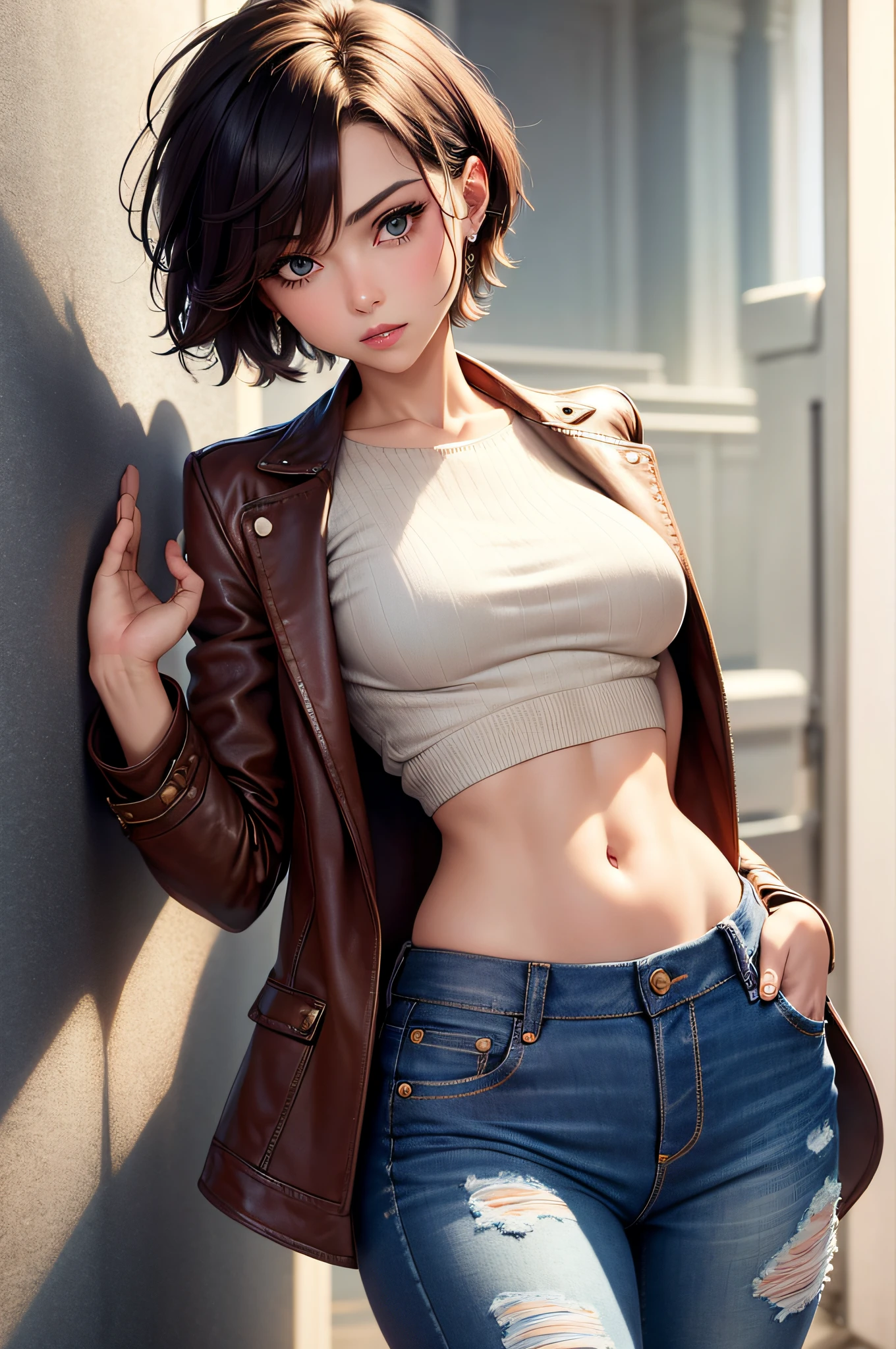masterpiece, high quality,1girl,solo,middle breast , short hair, (hair between eyes),(00BFFE pixie cut), Disappointed face,(Embroidered sweater, Cropped flare jeans, Leather blazer)