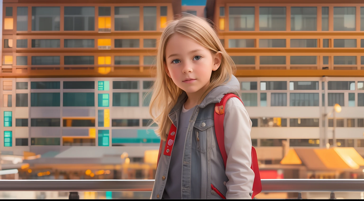 Generate an awe-inspiring hyper-realistic image showcasing a mesmerizing -yeld Caian girl with authentic features, gracefully positioned in front of a dynamic and vibrant cityscape.