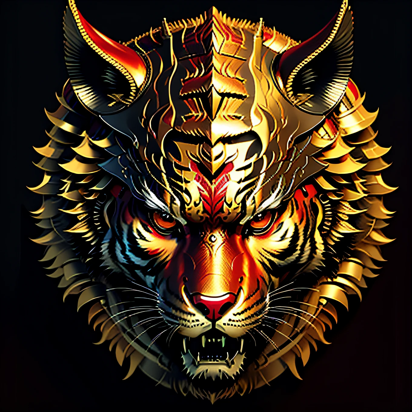 A w44p3n of a gold and red tiger on a black background