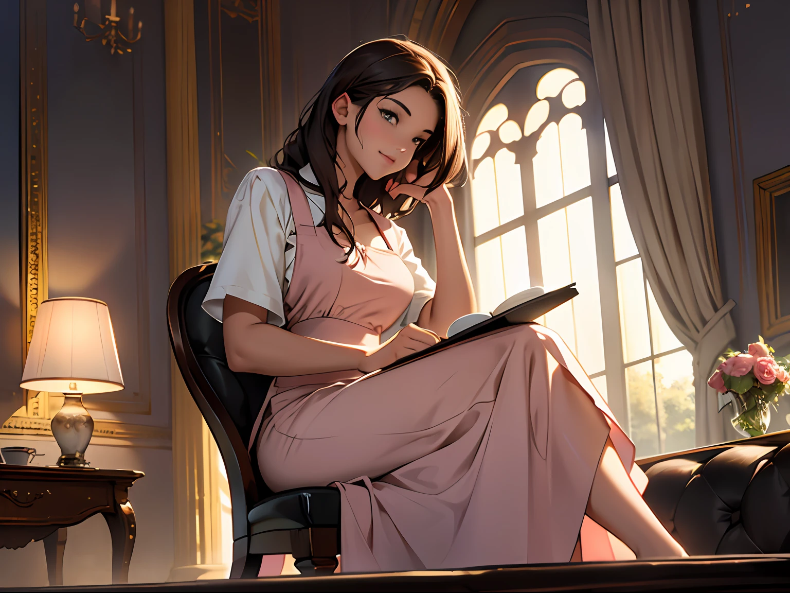 Master, masterpiece, 8K wallpaper, CG, super high picture quality, light and shadow effects
((a waiter with a sunny boy with short brown hair)), and (an elegant woman in a light pink long dress with long black hair) happy conversation chat: 1.4)
The woman is sitting on the coffee table and chair with her head down reading: 1.3
Panoramic display
Quiet cafe with lots of warm seating
