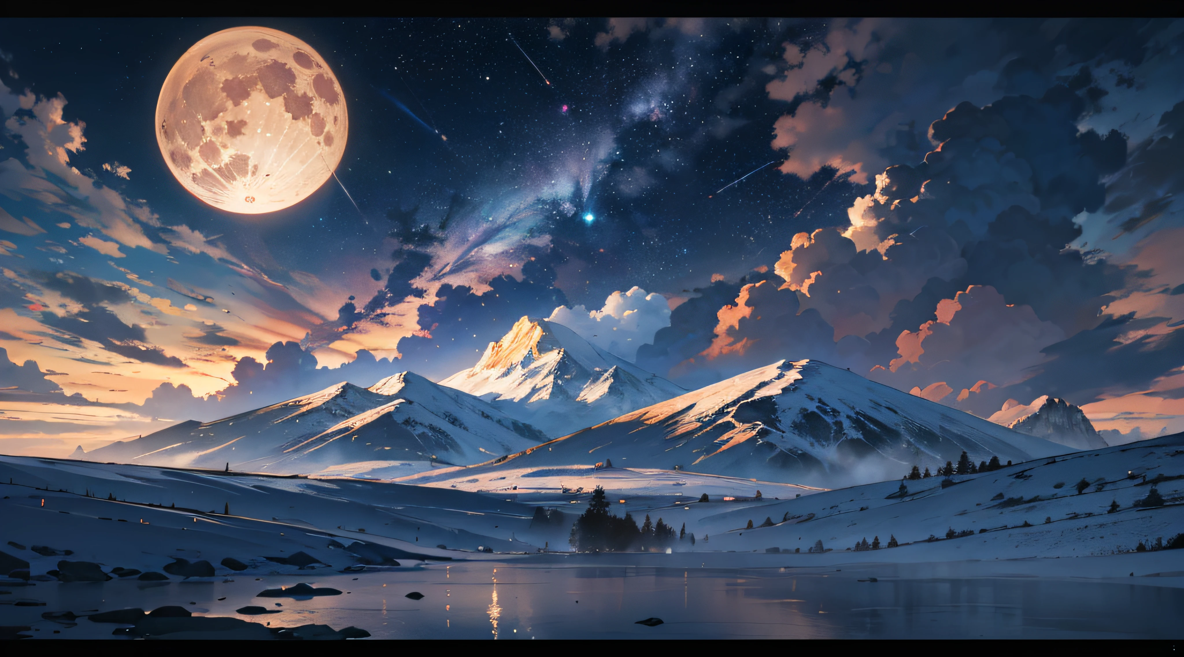 Expansive landscape photograph,(moon full:1.2),(meteors:0.9),(Starcloud:1.3),(Warm light source:1.2),(glowworm:1.2),lamp lights,Lots of purple and orange,Complicated details,Volumetriclighting,Realism BREAK(tmasterpiece:1.2),(best qualtiy),8K,Ultra-detailed,(dynamic compositions:1.4),The is very detailed,Colorful details,(Irridescent color:1.2),(luminouslighting,Atmospheric lighting),dream magical,magical,(独奏:1.2),((best qualtiy)), ((tmasterpiece)), (the detail:1.4),depth of fields,maximum definition and sharpness,perfectly proportions,Fluttering clouds,Wallpapers