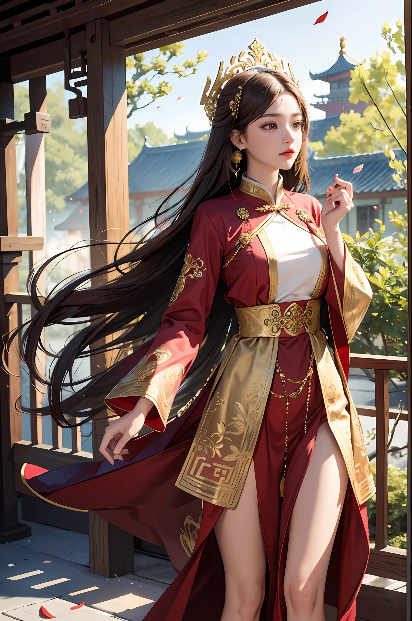 best quality, masterpiece, highres, (exquisite body:1.5),gorgeous face,(milky skin:1.3),intricate details,high resolution,wallpaper,
1girl, solo, dress, hair ornament, (((gold and red dress))), flowers, long hair, brown hair, closed mouth, jewelry, long sleeves, hand up, wide sleeves, big eyes,floating hair, chinese clothes, hanfu, embroidery, long skirt, natural pose, falling petals, indoor,fanning, lantern,
16K,HDR,highres,depth field,(film grain:1.1),boken,golden hour,(lens flare),vignette,rainbowing,(color grading:1.5)