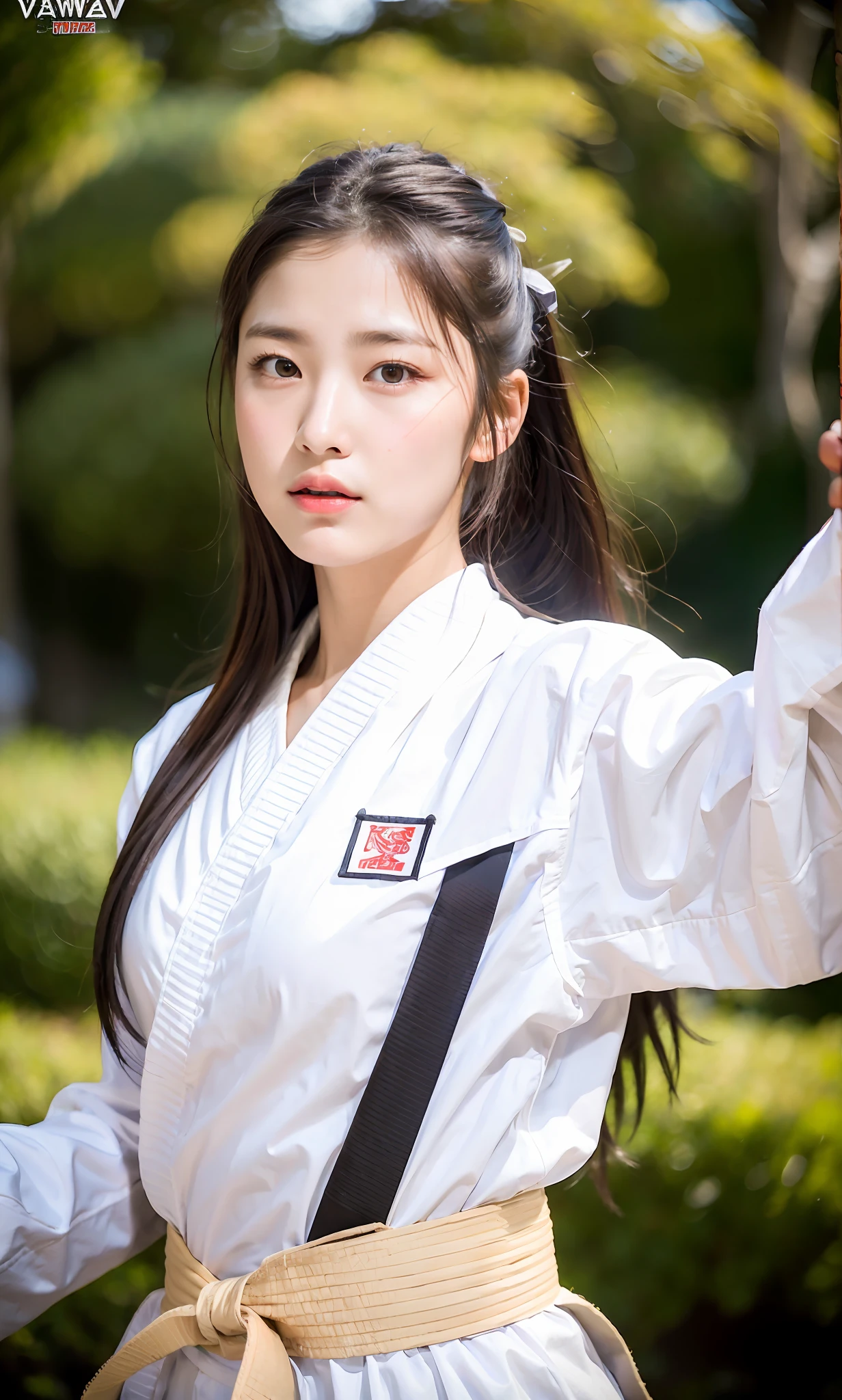 ulzzang-6500-v1.1, (raw photo:1.2), (photorealistic:1.4), beautiful detailed girl, very detailed eyes and face, beautiful detailed eyes, ridiculous, incredibly ridiculous, huge file size, super detailed, high resolution, very detailed, best quality, masterpiece, kemomimi, ((Japanese girls' karate costumes)), illustration, very detailed, CG, unified, 8k wallpaper, amazing, Fine details, masterpiece, best quality, very detailed CG uniform 8k wallpaper, light on face, cinematic lighting, 1girl, 16 years old, ((dynamic pose)), karate pose