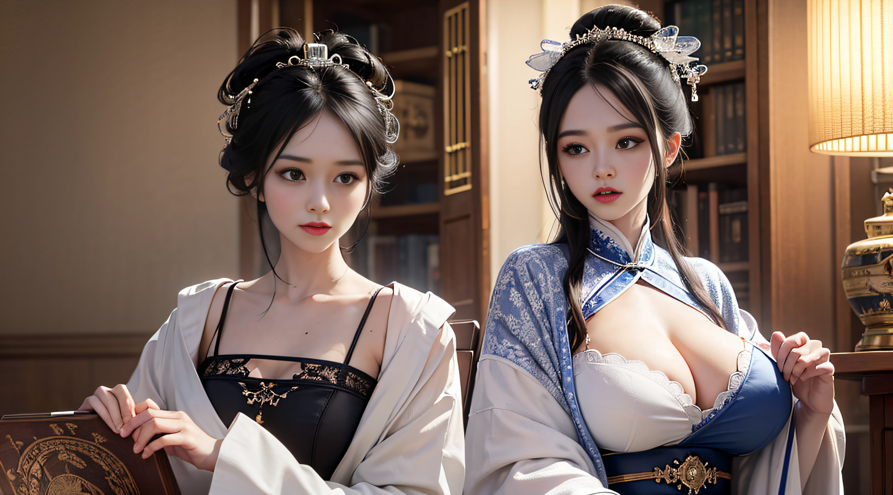 offcial art，Unity 8k壁纸，ultra - detailed，aestheticly pleasing，big breasts beautiful，tmasterpiece，best qualtiy， mistic， romanticism lain，Literary，Artistically，Fashionab，Tang Dynasty era，decor，iintricate，Embroidery，Blue and white Hanfu，Tulle coat，1girll，huge tit，Black color hair，hair adornments，Sad，A sense of fatalism，Bust composition，Dramatic composition，电影灯光，dynamic viewing angle，Raised sexy，full of seduction，falling leaf，The clouds are thick