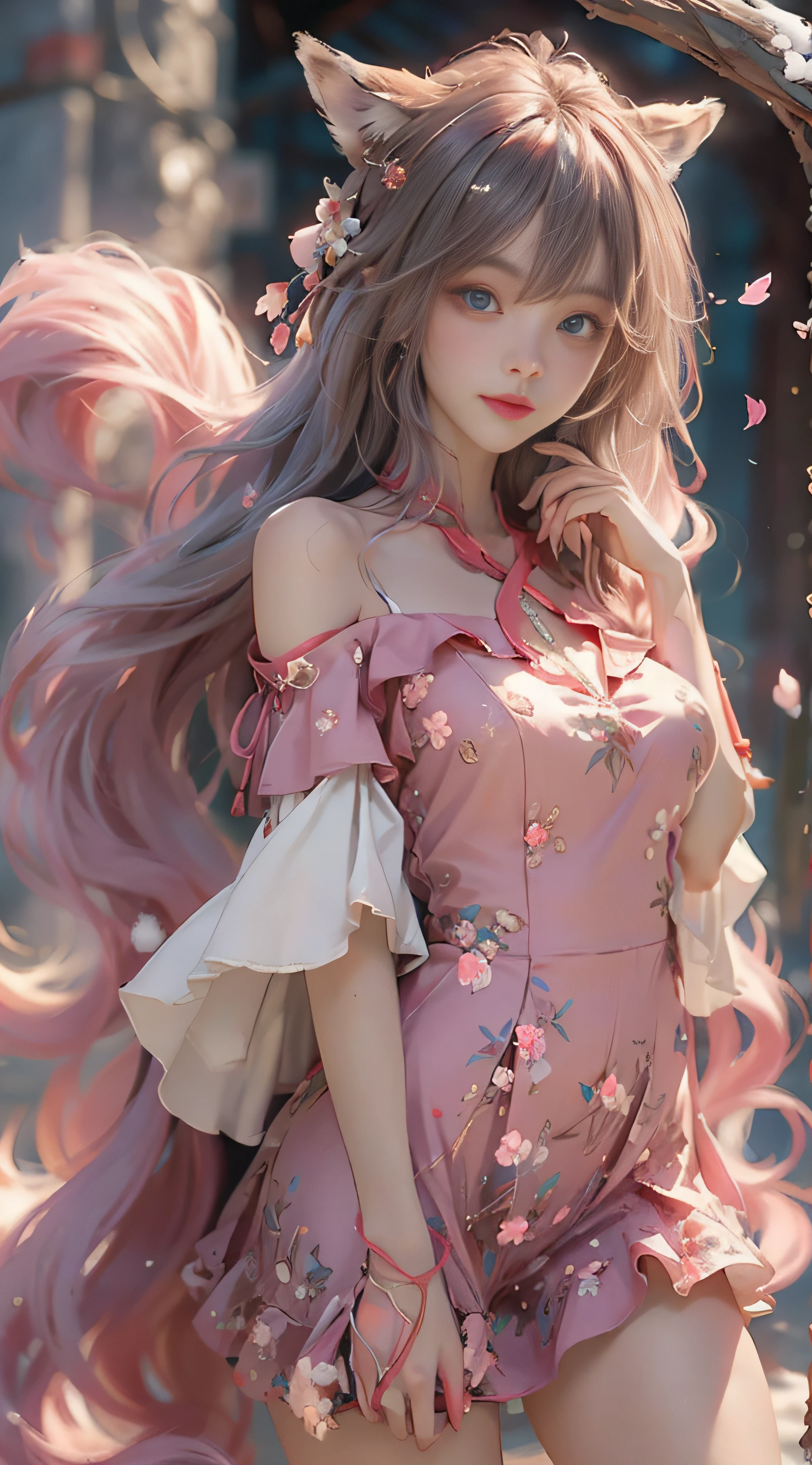 （（best qualtiy））， （（tmasterpiece））， （detail：1.4）， Beautiful cyberpunk female images，hdr（HighDynamicRange），Ray traching，NVIDIA RTX，Hyper-Resolution，illusory 5，sub surface scattering，PBR textures，post-proces，Anisotropy Filtering，depth of fields，maximum definition and sharpness，Many-Layer Textures，Albedo e mapas Speculares，Surface coloring，Mitsu-Accurate simulation of material interactions，perfectly proportioned，rendering by octane，Two-colored light，largeaperture，Low ISO，White balance，Rule three points、8K raw data、Beautiful bright blue pupils，off-the-shoulder clothes，Fine pupils，Delicate face and eyes，long eyelasher，Blushlush，Delicate and fluffy hair，pink lip，Pure，Cute face，Sweet girl，Artistic sense，Casual wear，Advancedsense，butterflys，Cherry blossom petal，Beautiful hair accessories，Long hair and waist，Hair fluttering in the wind，Snow-white fox ears，curlies，Snow-white fluffy tail，Positive light，The light from the back window is backlighted