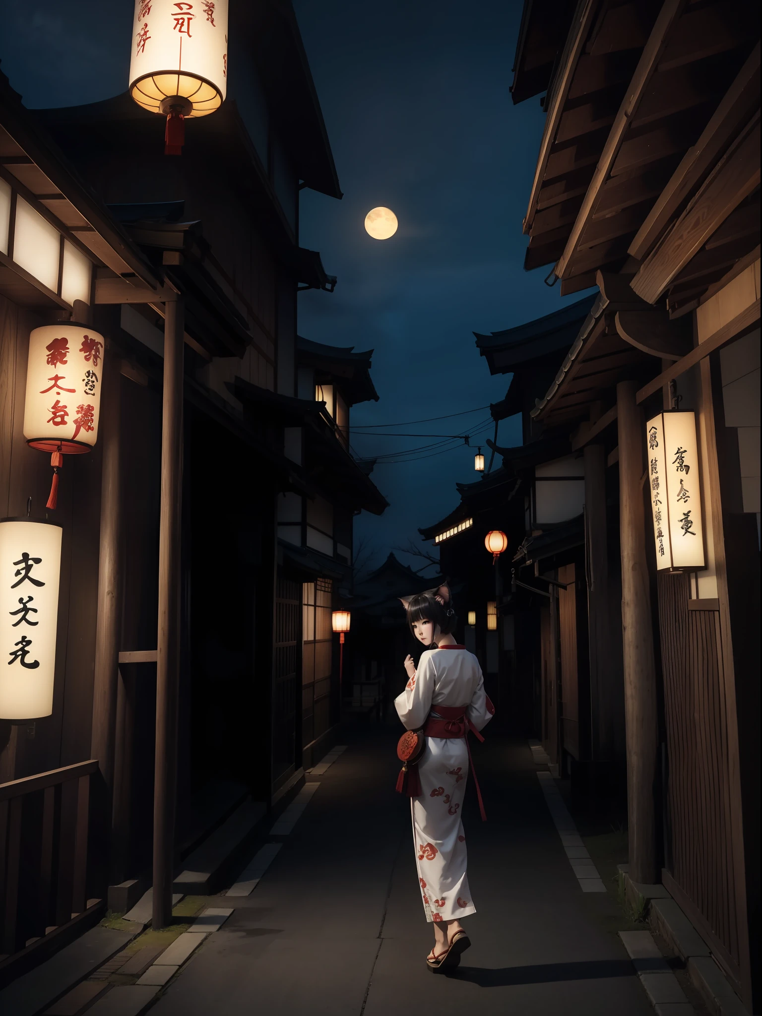 A Japanese style、youkai、Busong、cat ear、look back,