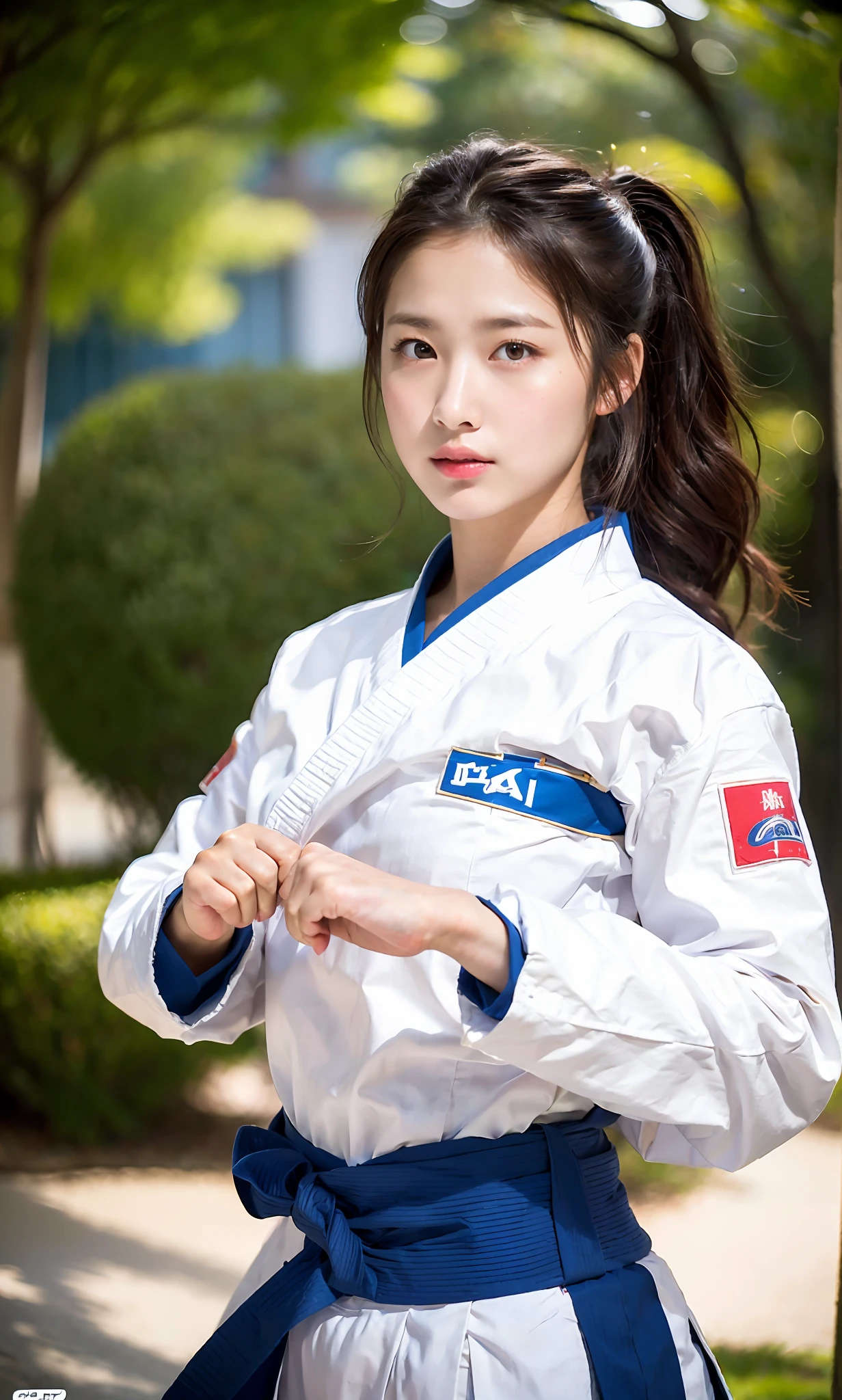 ulzzang-6500-v1.1, (raw photo:1.2), (photorealistic:1.4), beautiful detailed girl, very detailed eyes and face, beautiful detailed eyes, ridiculous, incredibly ridiculous, huge file size, super detailed, high resolution, very detailed, best quality, masterpiece, kemomimi, ((Japanese girls' karate costumes)), illustration, very detailed, CG, unified, 8k wallpaper, amazing, Fine details, masterpiece, best quality, very detailed CG uniform 8k wallpaper, light on face, cinematic lighting, 1girl, , ((dynamic pose)), karate pose