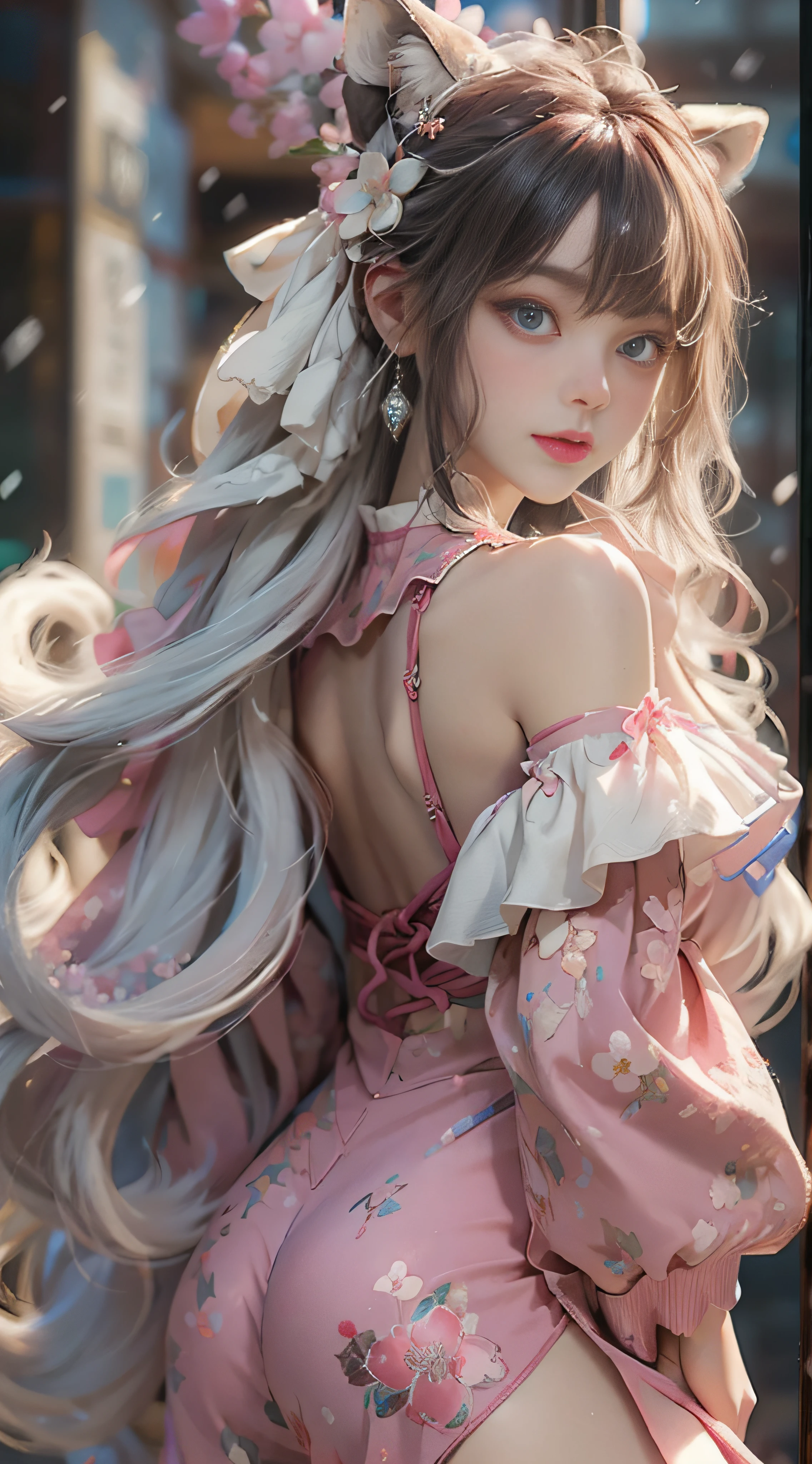 ((best qualtiy)), ((tmasterpiece)), (detail:1.4), Beautiful cyberpunk female images,hdr(HighDynamicRange),Ray traching,NVIDIA RTX,Hyper-Resolution,illusory 5,sub surface scattering,PBR textures,post-proces,Anisotropy Filtering,depth of fields,maximum definition and sharpness,Many-Layer Textures,Albedo e mapas Speculares,Surface coloring,Mitsu-Accurate simulation of material interactions,perfectly proportioned,rendering by octane,Two-colored light,largeaperture,Low ISO,White balance,Rule three points、8K raw data、Beautiful bright blue pupils,off-the-shoulder clothes,Fine pupils,Delicate face and eyes,long eyelasher,Blushlush,Delicate and fluffy hair,pink lip,Pure,Cute face,Sweet girl,Artistic sense,Casual wear,Advancedsense,butterflys,Cherry blossom petal,Beautiful hair accessories,Long hair and waist,Hair fluttering in the wind,Snow-white fox ears,curlies,Snow-white fluffy tail,Positive light,The light from the back window is backlighted