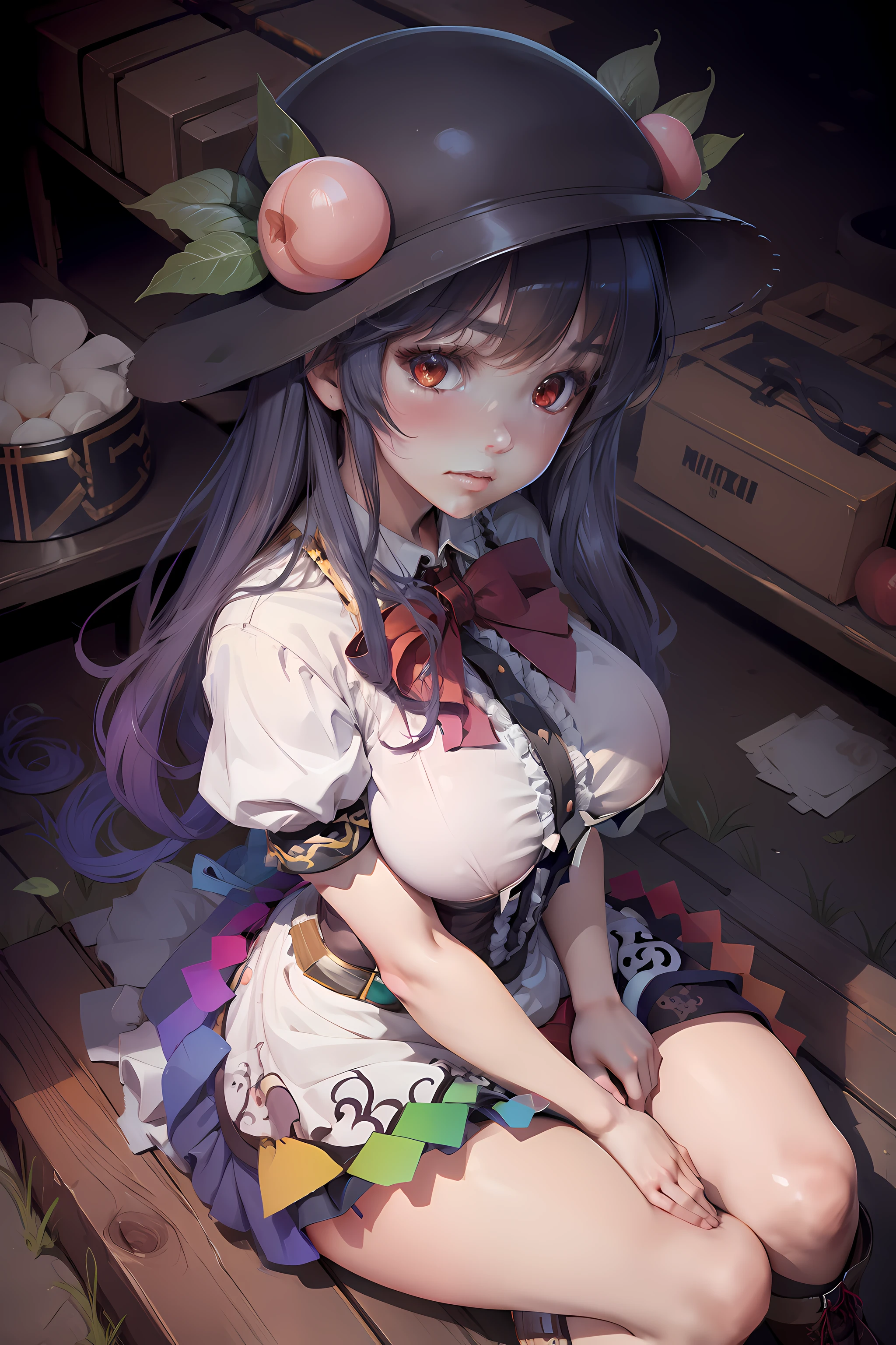 (masterpiece),best quality, expressive eyes, perfect face,w sitting, w sitting on ground, legs on ground, 1girl,
big breast, H-cup, good breast, crossing arms, beautiful, gorgeous,anime,girl,lora,hinanawi tenshi