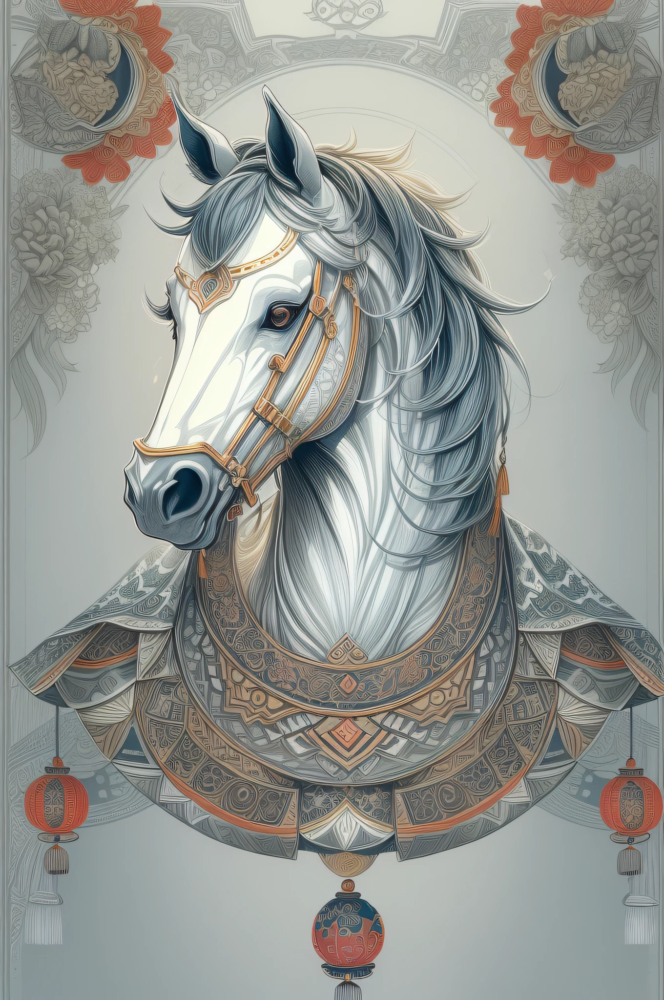 (White background:1.4),(Symmetrical:1.5),(Masterpiece horse head, In the middle,  Oriental elements),（China - chic illustration:1.2, Vector painting:1.4),(Chinese colors,senior color matching),( reasonable design, Clear lines, High sharpness,Best quality, Very detailed, Masterpiece, offcial art, movie light effect, 4K )