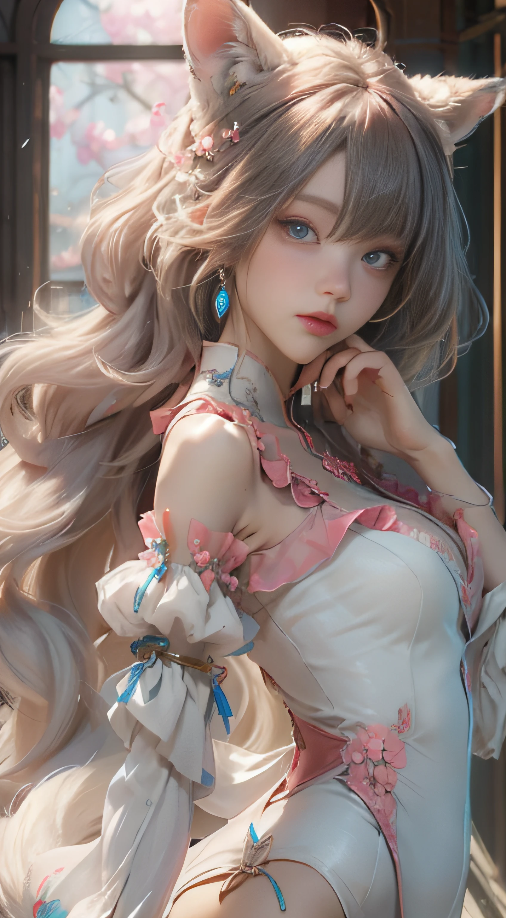 ((best qualtiy)), ((tmasterpiece)), (detail:1.4), Beautiful cyberpunk female images,hdr(HighDynamicRange),Ray traching,NVIDIA RTX,Hyper-Resolution,illusory 5,sub surface scattering,PBR textures,post-proces,Anisotropy Filtering,depth of fields,maximum definition and sharpness,Many-Layer Textures,Albedo e mapas Speculares,Surface coloring,Mitsu-Accurate simulation of material interactions,perfectly proportioned,rendering by octane,Two-colored light,largeaperture,Low ISO,White balance,Rule three points、8K raw data、Beautiful bright blue pupils,off-the-shoulder clothes,Fine pupils,Delicate face and eyes,long eyelasher,Blushlush,Delicate and fluffy hair,pink lip,Pure,Cute face,Sweet girl,Artistic sense,Casual wear,Advancedsense,butterflys,Cherry blossom petal,Beautiful hair accessories,Long hair and waist,Hair fluttering in the wind,Snow-white fox ears,curlies,Snow-white fluffy tail,Positive light,The light from the back window is backlighted