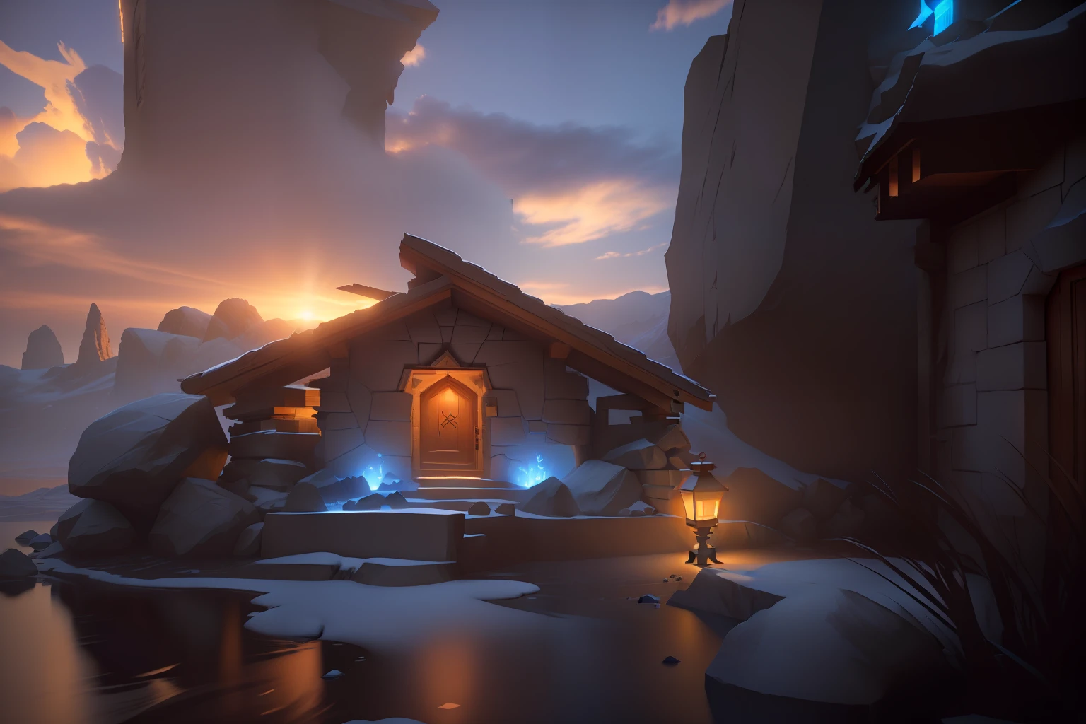 There is a small stone house with a door and a lantern, The morning sun shines in the blue sky, at 09:00:00 a.m., clear skies with few clouds and small birds fly on the horizon, 3d rendering stylized, 3 d render stylized, Vencedor do concurso Polycount, rolands zilvinskis 3d render art, renderizado em unrealengine, realistic fantasy rendering, unreal engine render concept art, renderizado em unreal 5, (octan render) estilo fantasia, motor irrealpintura digital