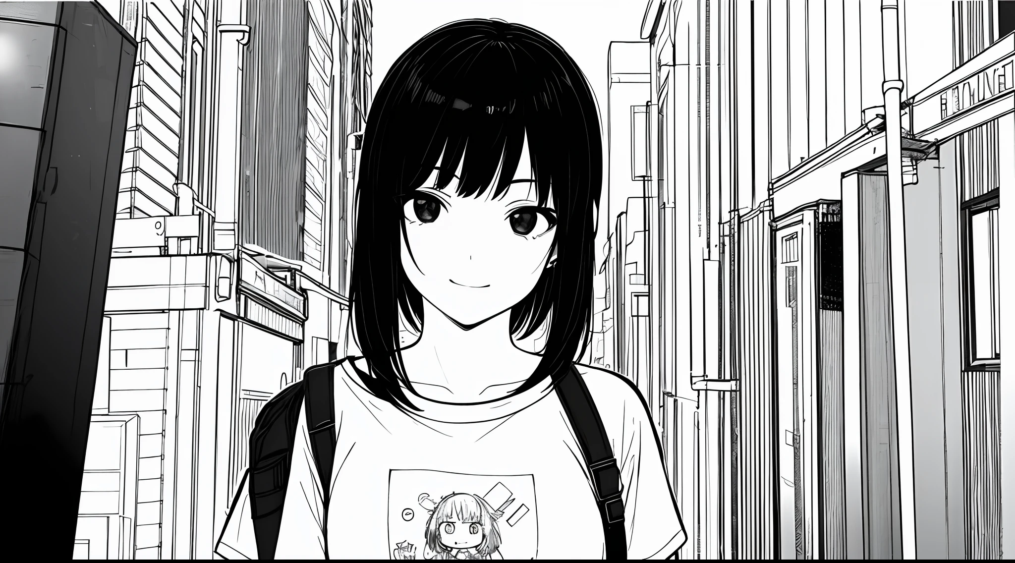 ​masterpiece, top-quality, (1girl in), tshirts, A slight smil, backpack, A dark-haired, Black eyes, cyberpunked, a street, monochromes, line-drawing